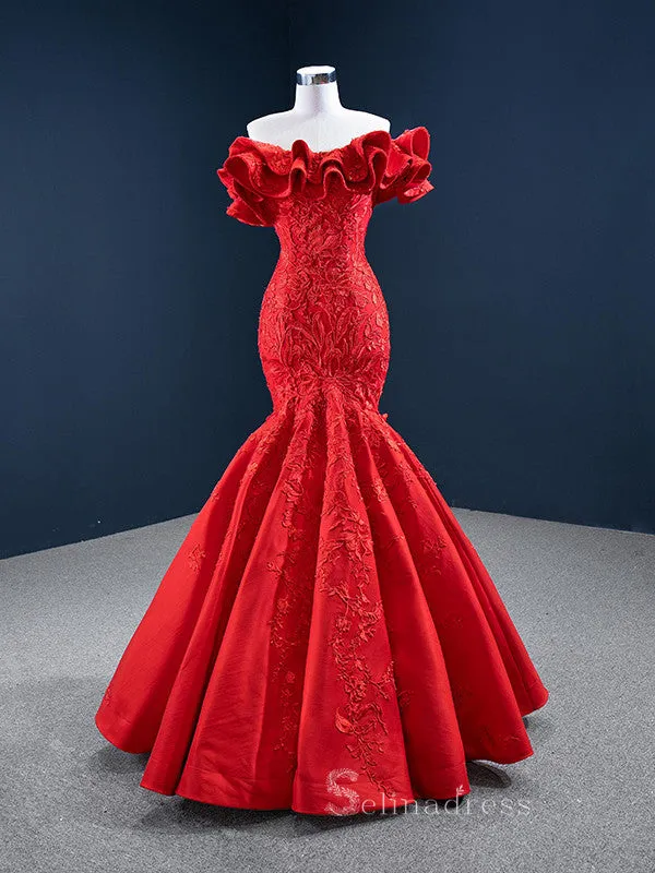 Mermaid Strapless Red Luxury Prom Dress Applique Evening Gowns DWH67173