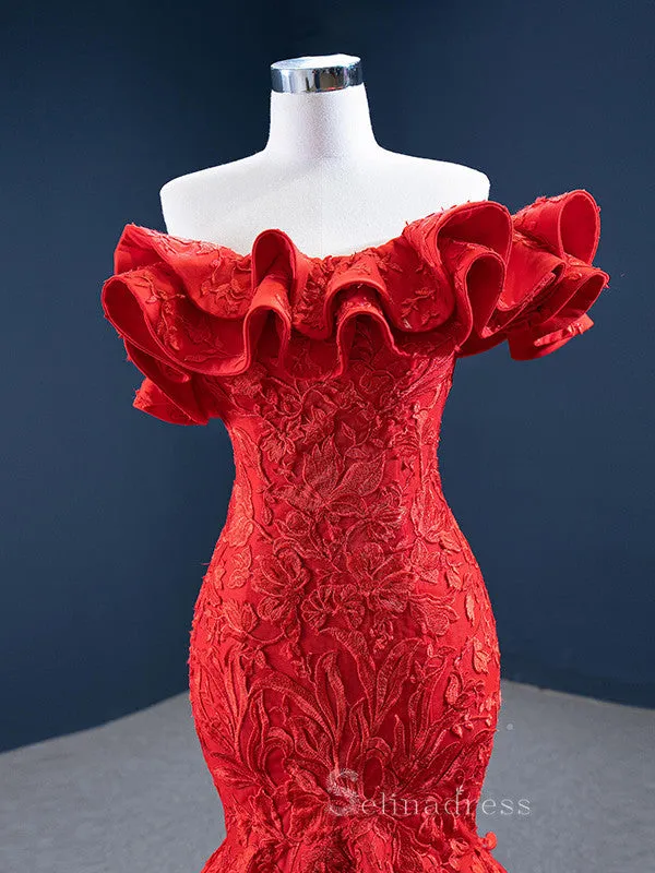 Mermaid Strapless Red Luxury Prom Dress Applique Evening Gowns DWH67173
