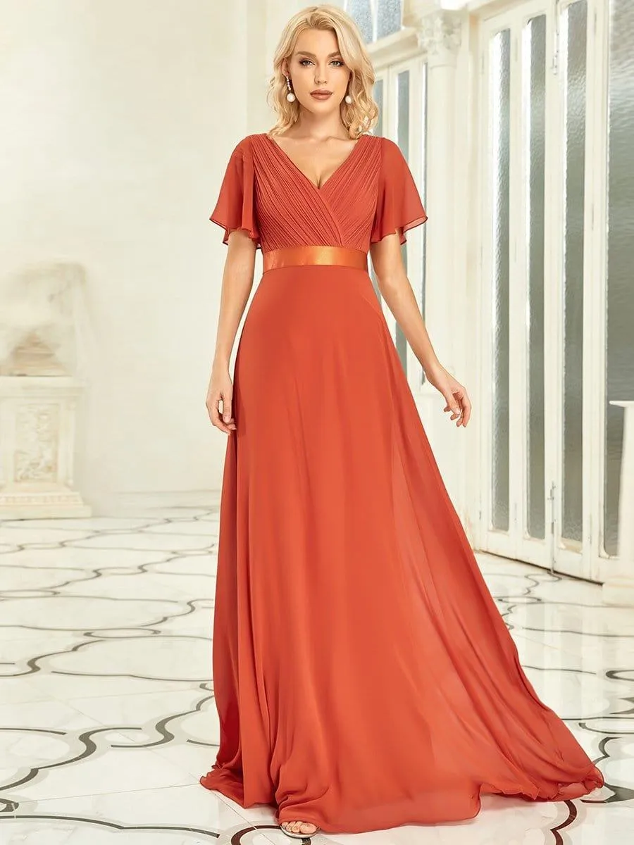 Monica | Long Chiffon Empire Waist Bridesmaid Dress with Short Flutter Sleeves