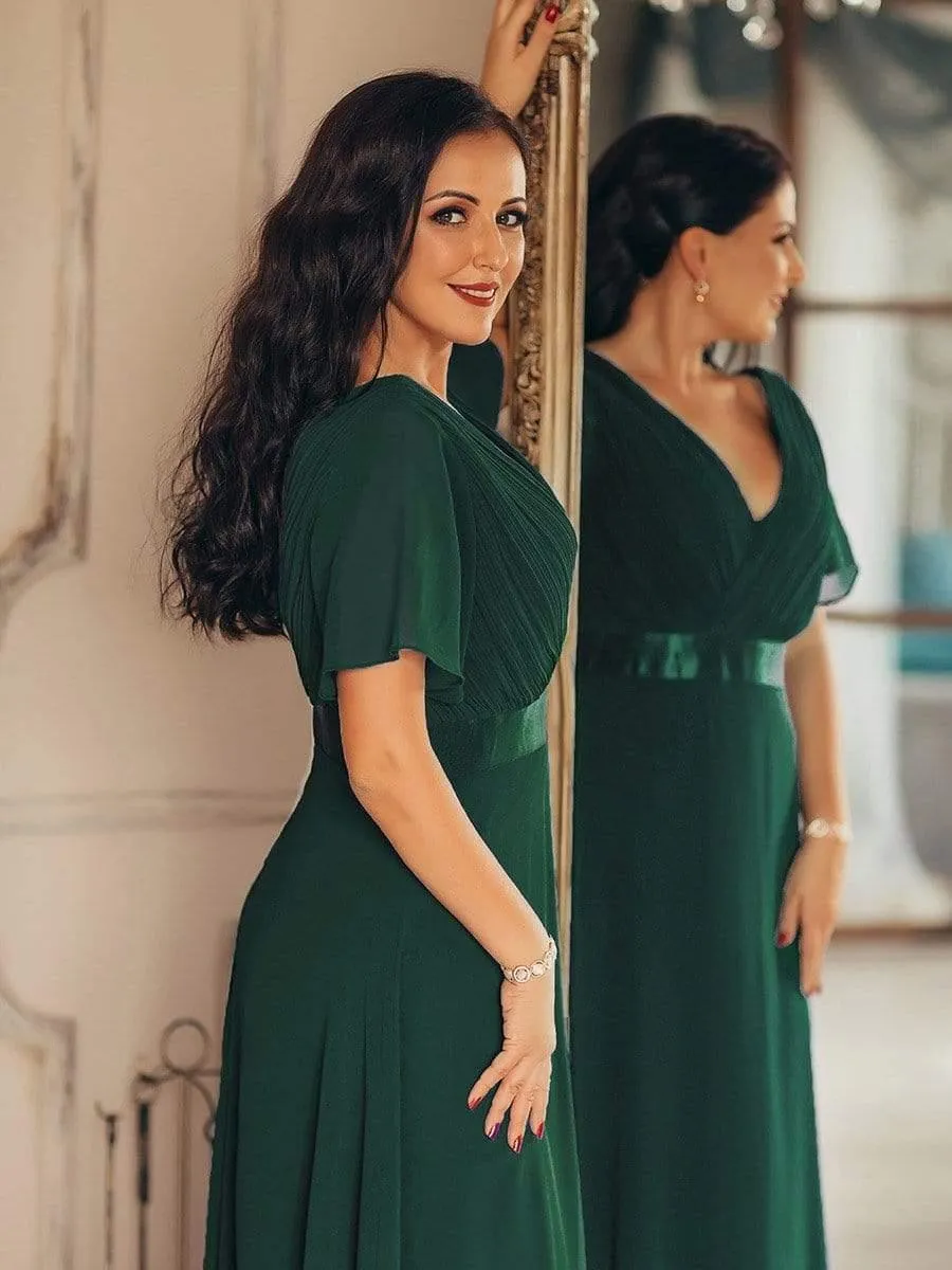 Monica | Long Chiffon Empire Waist Bridesmaid Dress with Short Flutter Sleeves