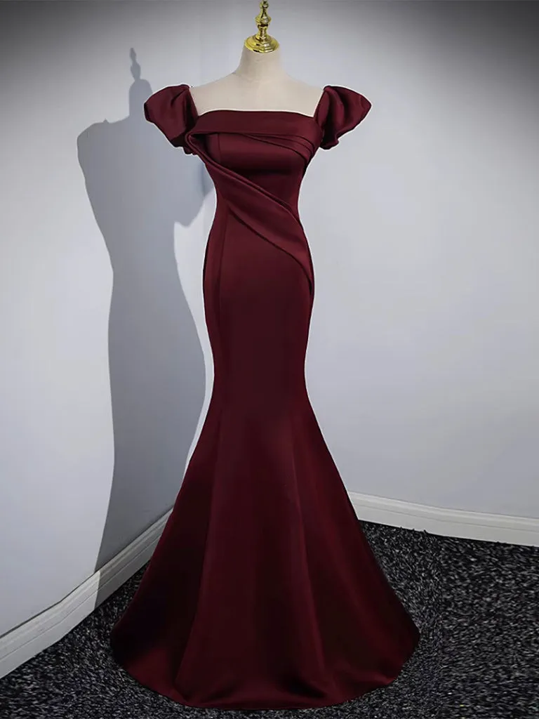 Off the Shoulder Satin Burgundy Mermaid Prom Dress Formal Gown