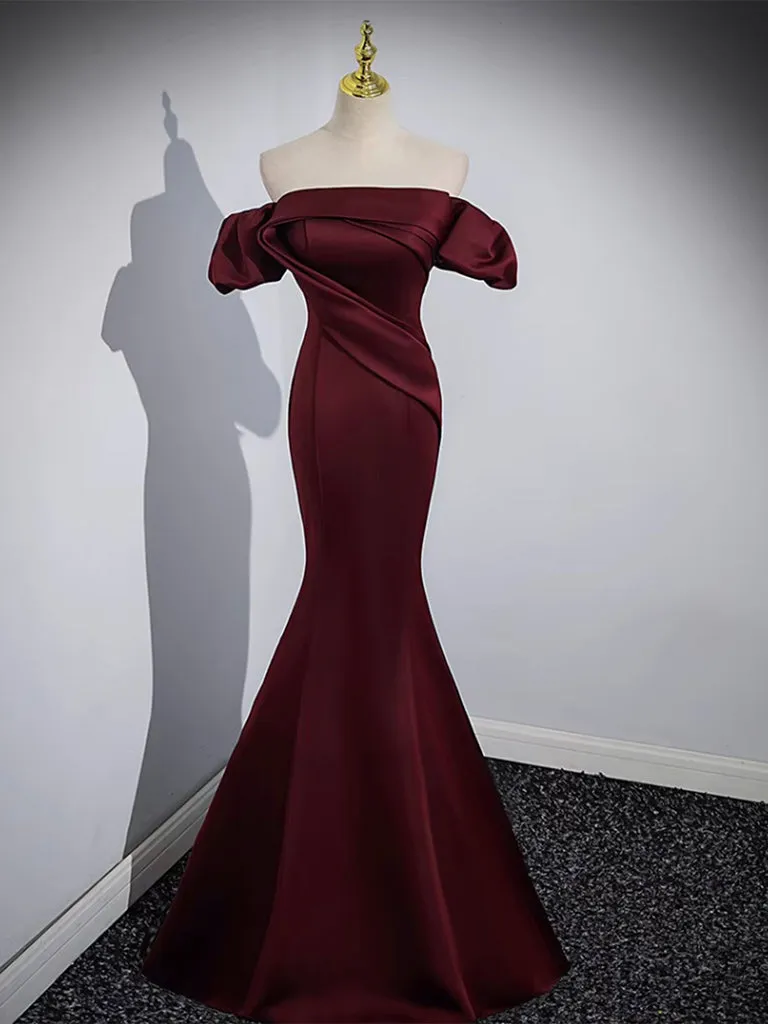 Off the Shoulder Satin Burgundy Mermaid Prom Dress Formal Gown