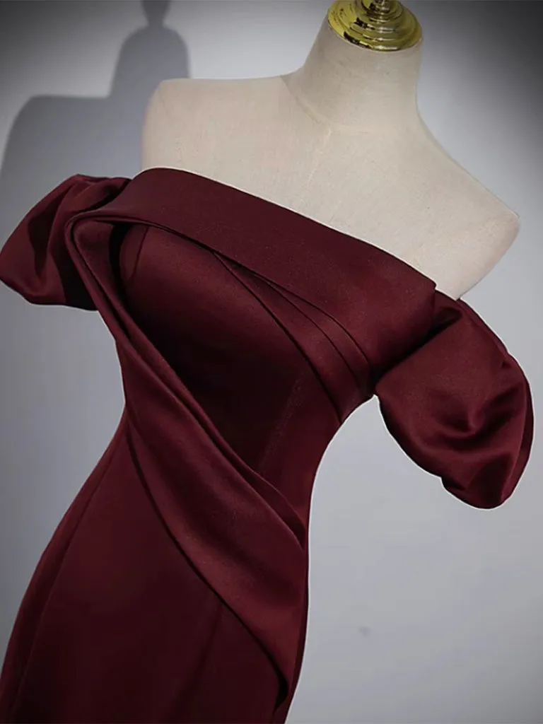 Off the Shoulder Satin Burgundy Mermaid Prom Dress Formal Gown