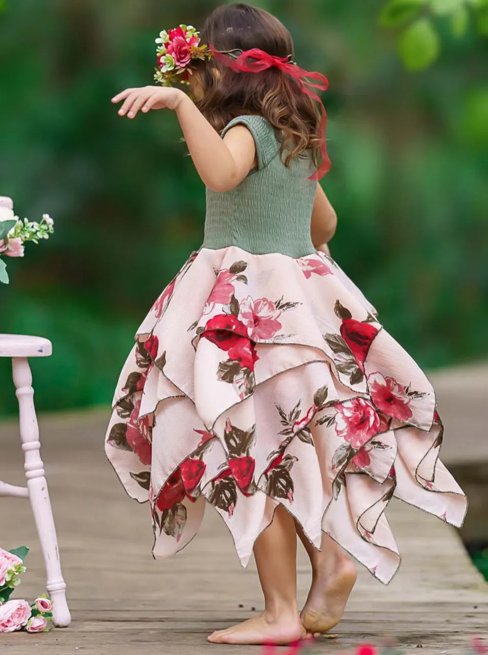 Olive Pretty Flowers Smocked Handkerchief Dress