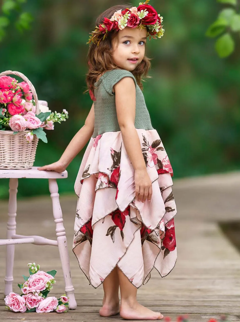 Olive Pretty Flowers Smocked Handkerchief Dress