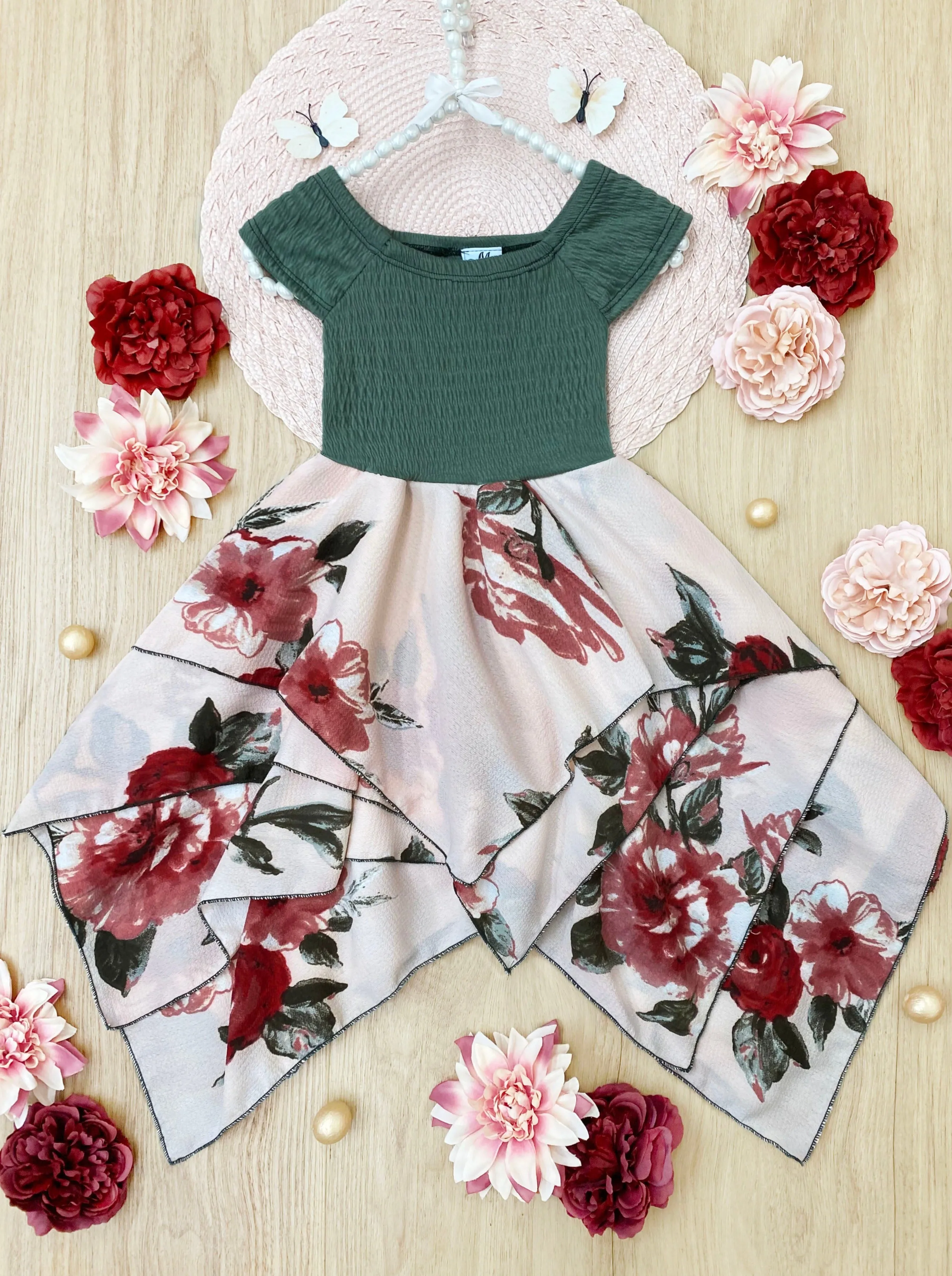 Olive Pretty Flowers Smocked Handkerchief Dress