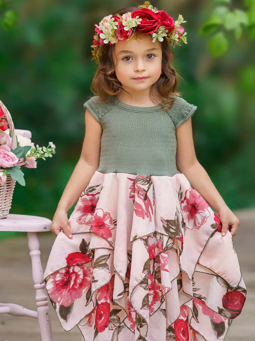 Olive Pretty Flowers Smocked Handkerchief Dress
