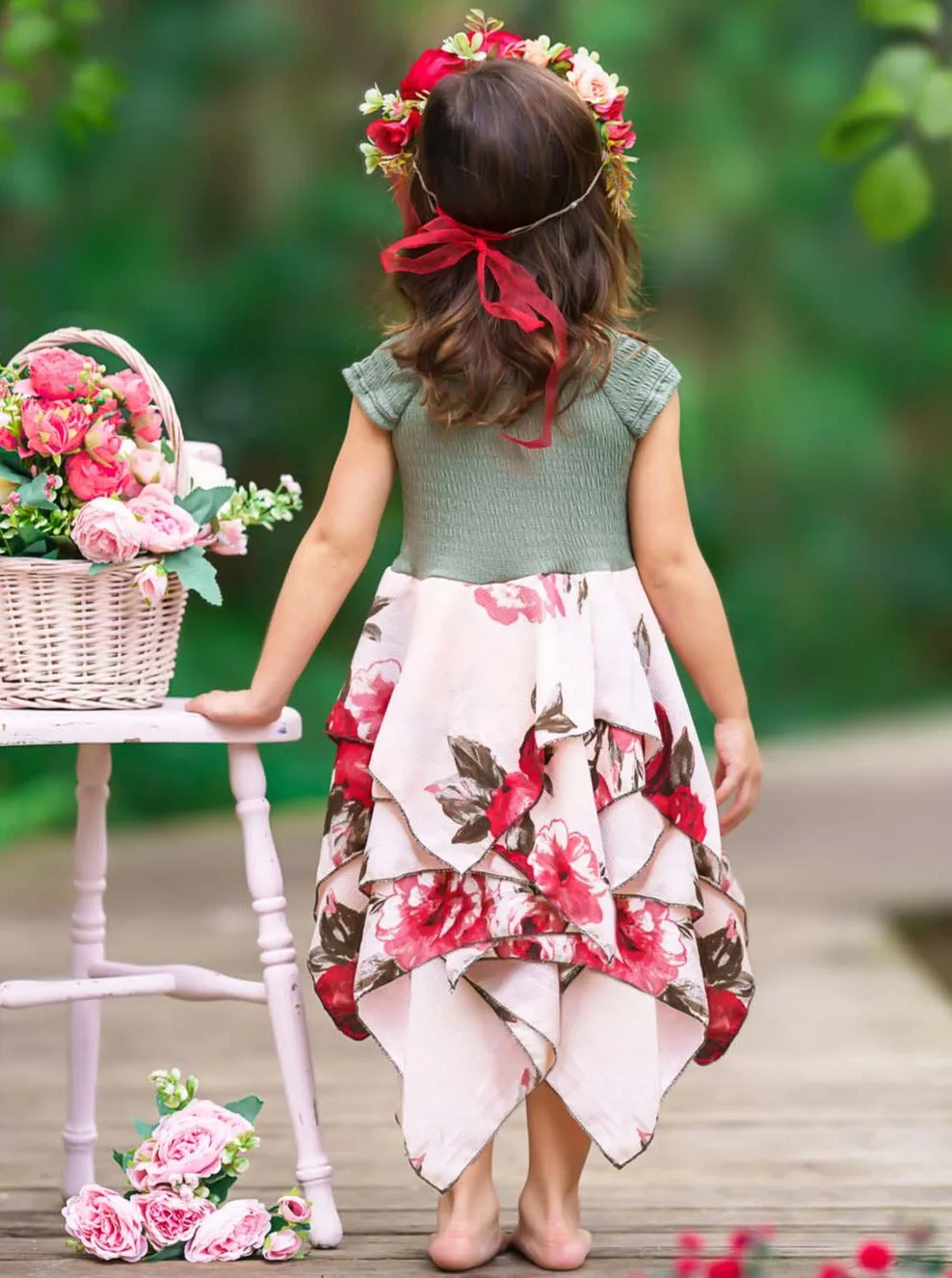 Olive Pretty Flowers Smocked Handkerchief Dress