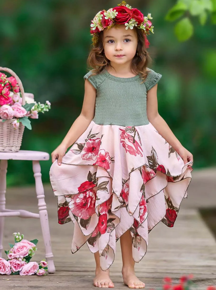 Olive Pretty Flowers Smocked Handkerchief Dress