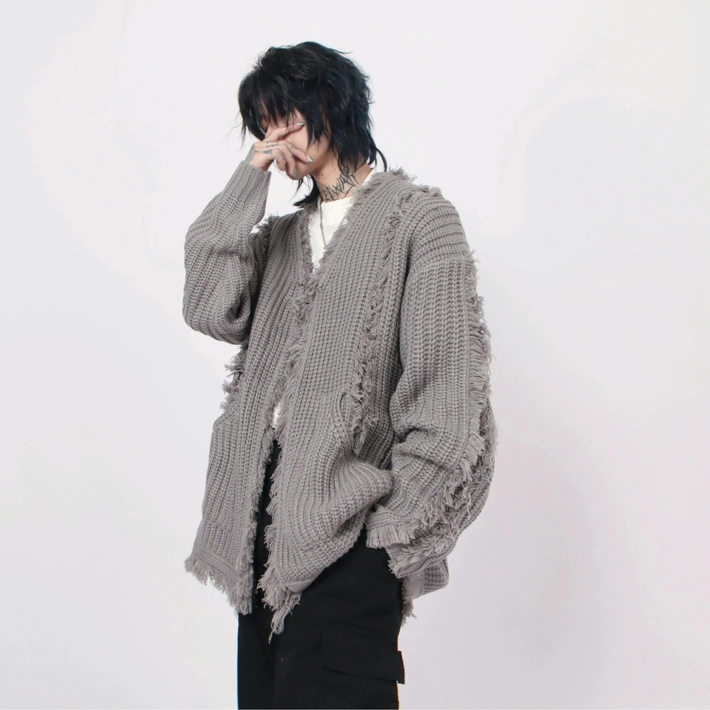 Oversized Distressed Chunky Knit Cardigan