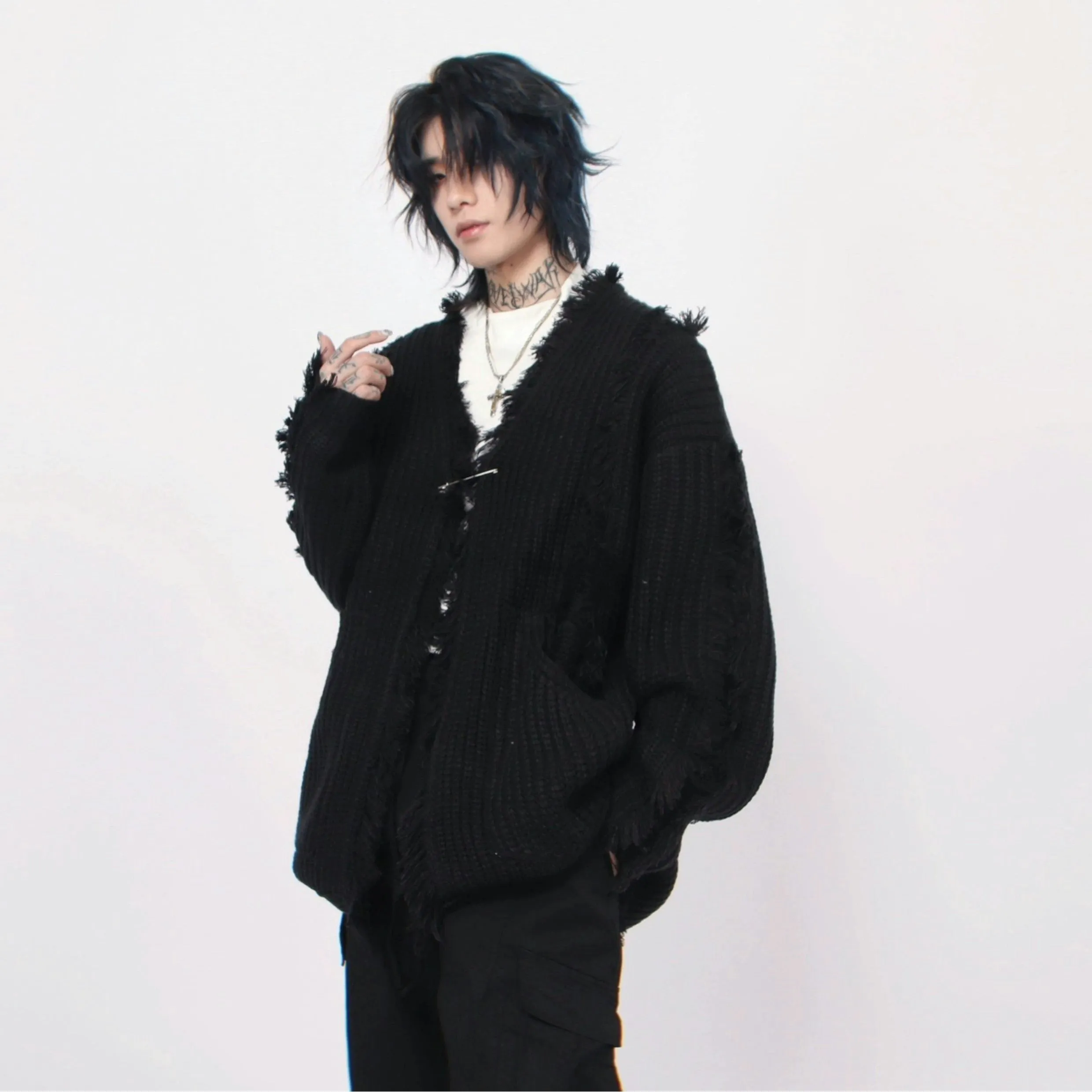 Oversized Distressed Chunky Knit Cardigan