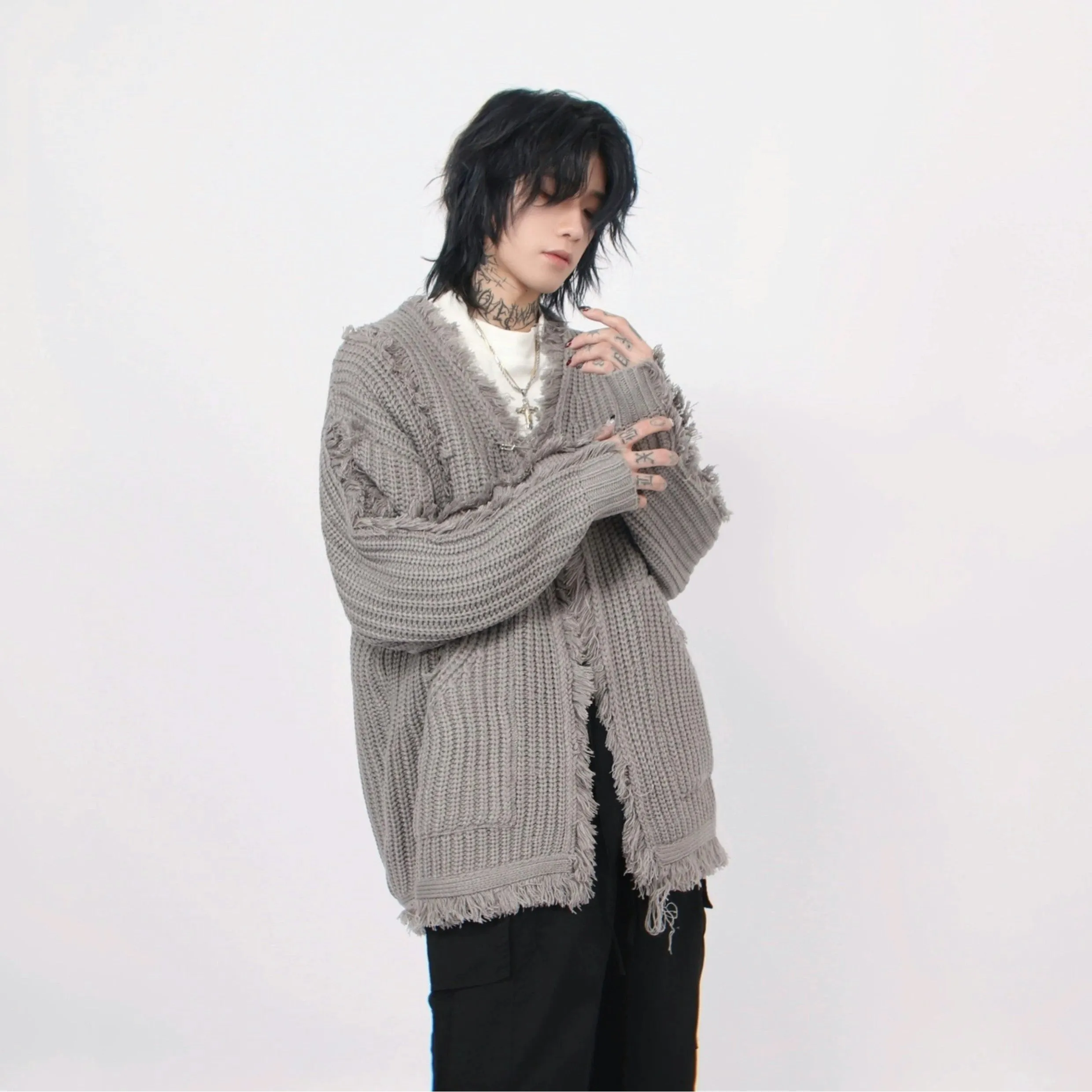 Oversized Distressed Chunky Knit Cardigan