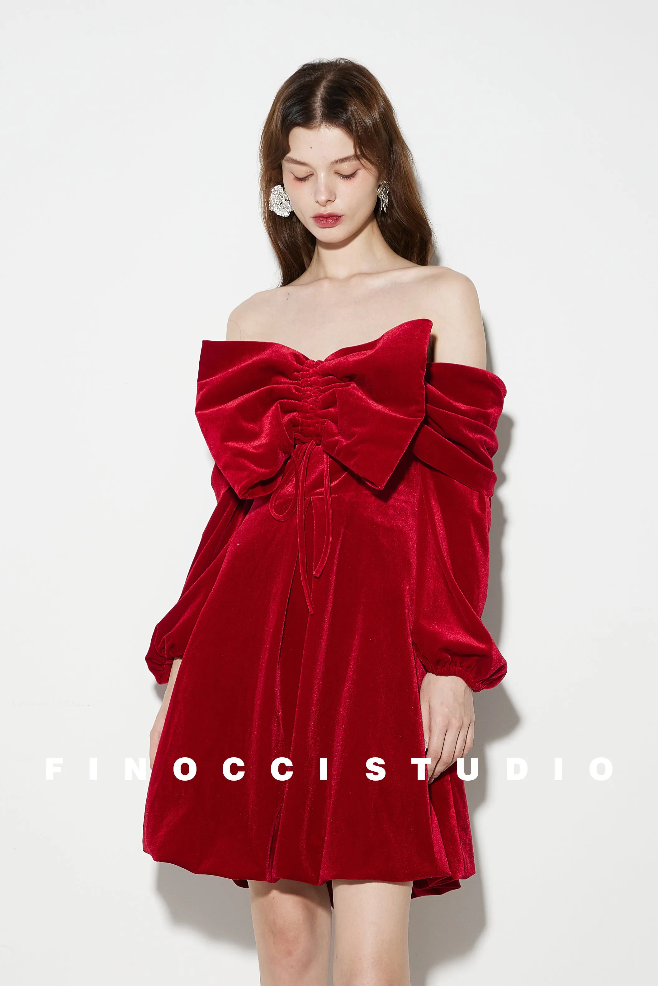 Red Velvet large Bow Off Shoulder Short holiday party Dress - Macy