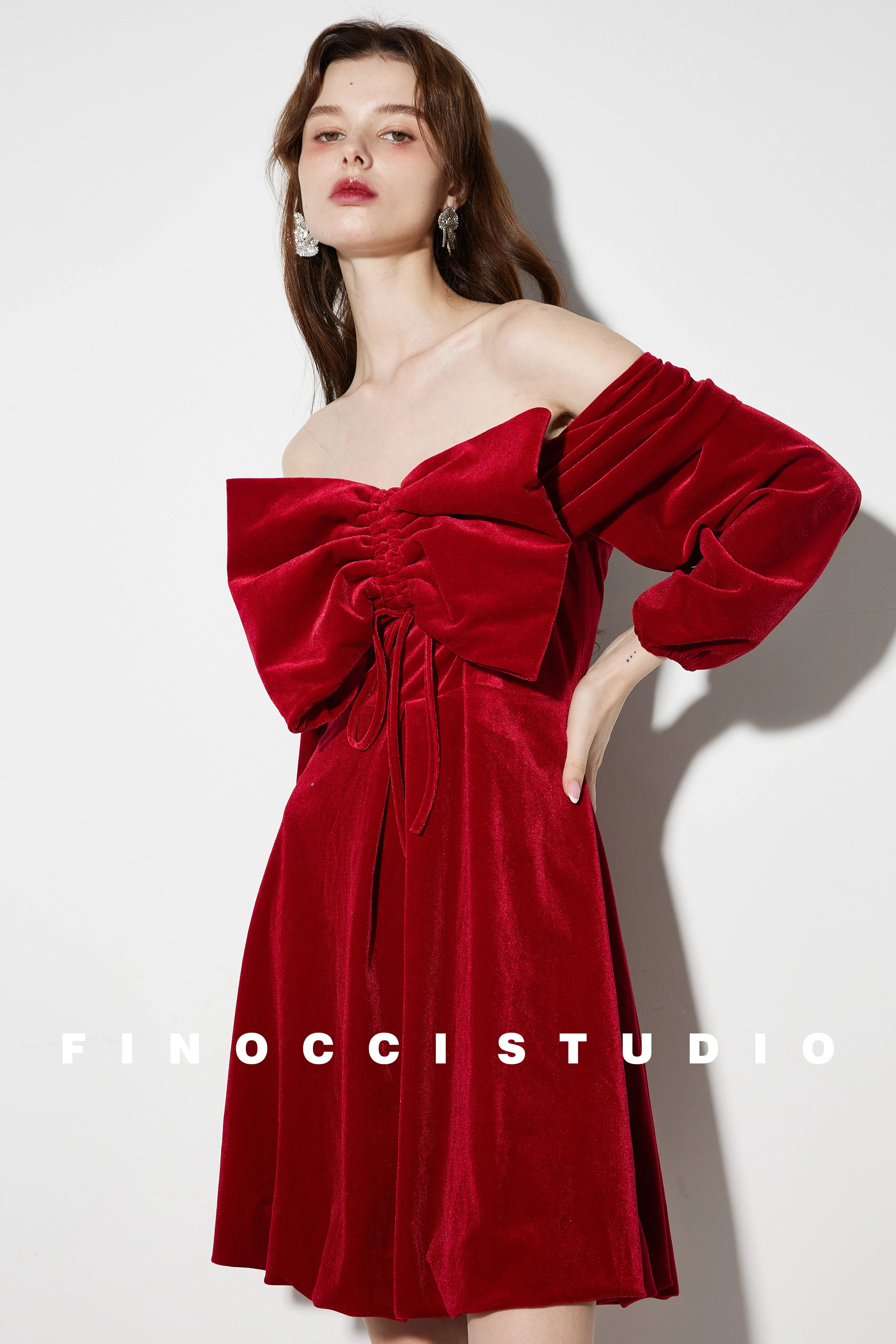 Red Velvet large Bow Off Shoulder Short holiday party Dress - Macy