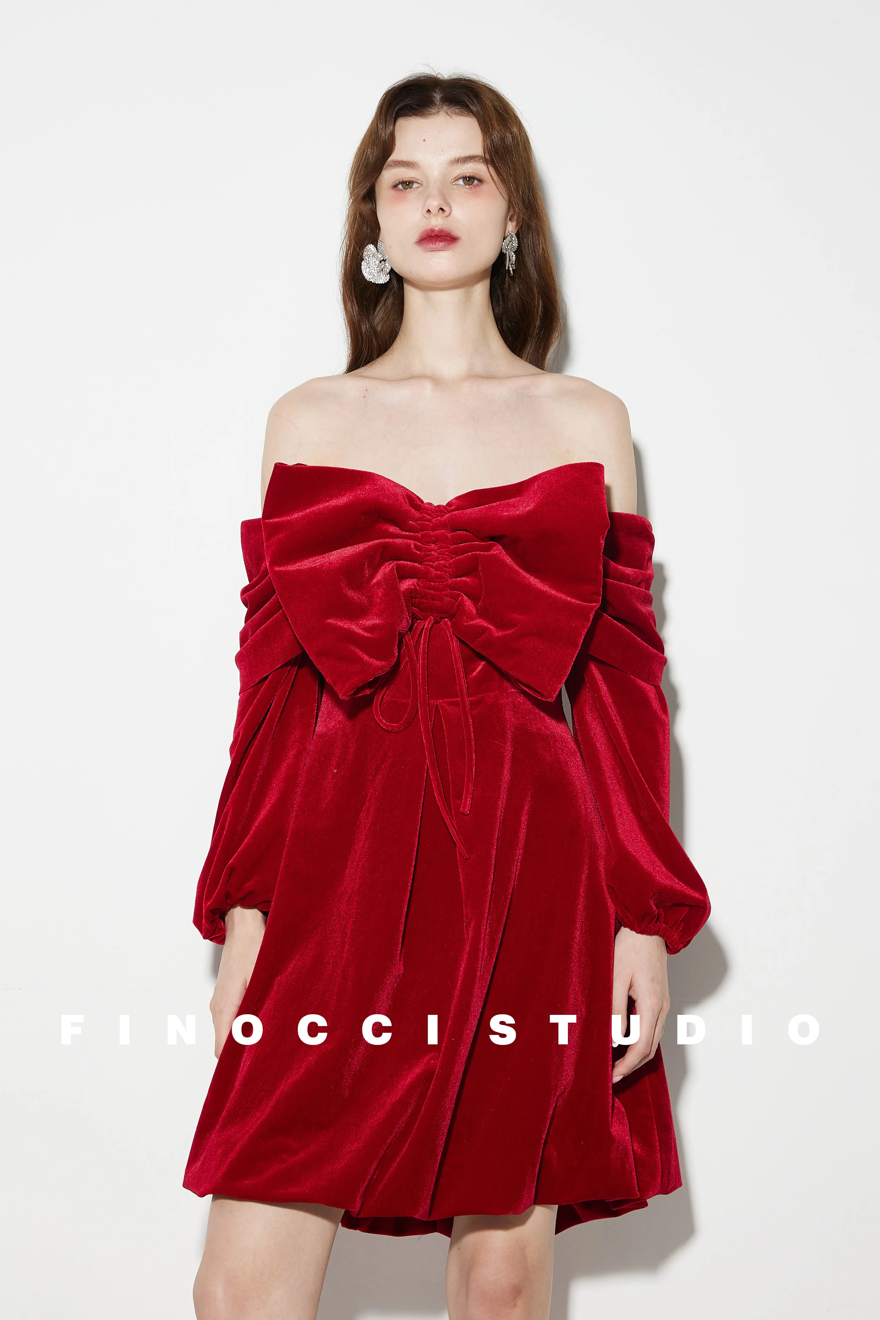 Red Velvet large Bow Off Shoulder Short holiday party Dress - Macy