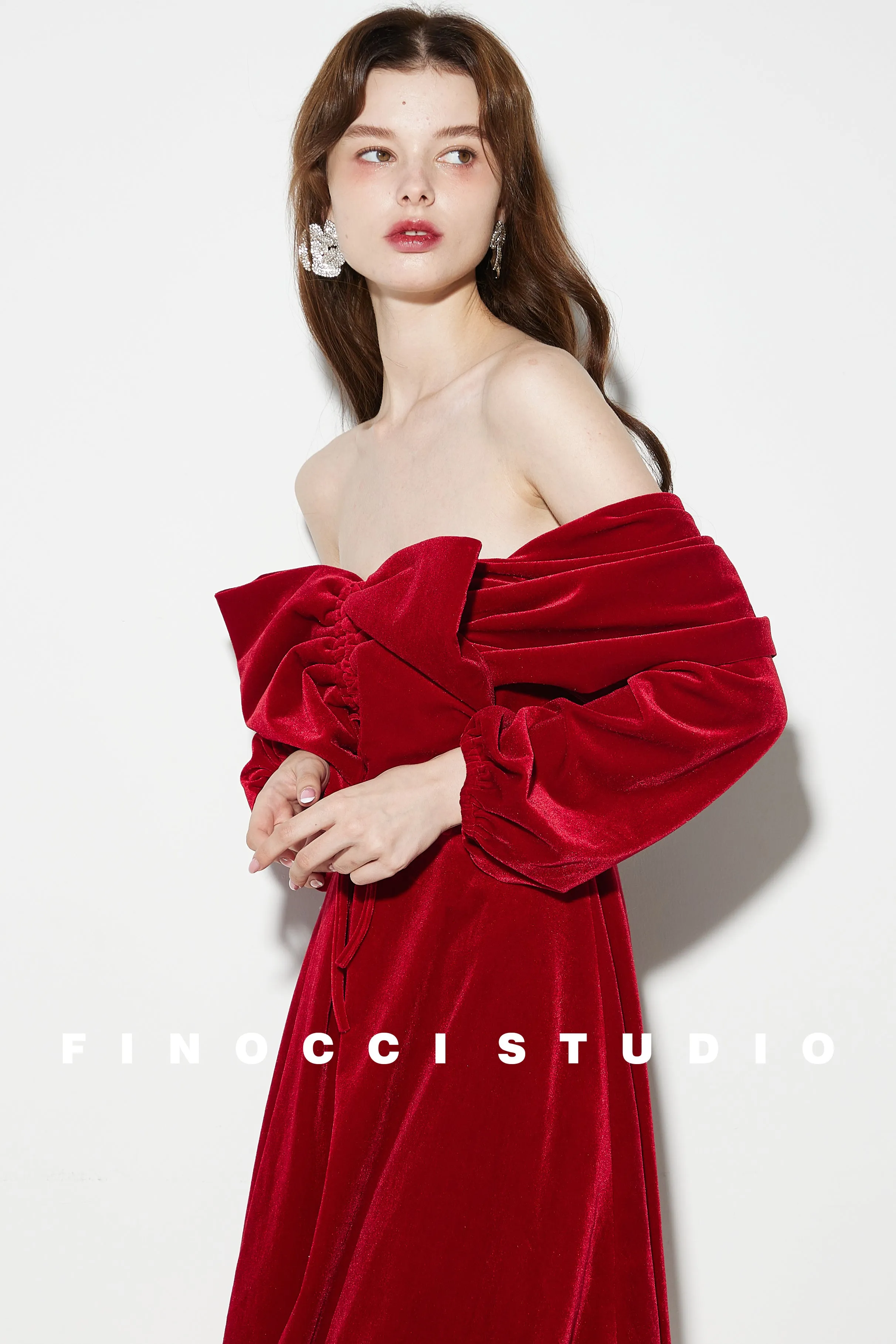 Red Velvet large Bow Off Shoulder Short holiday party Dress - Macy