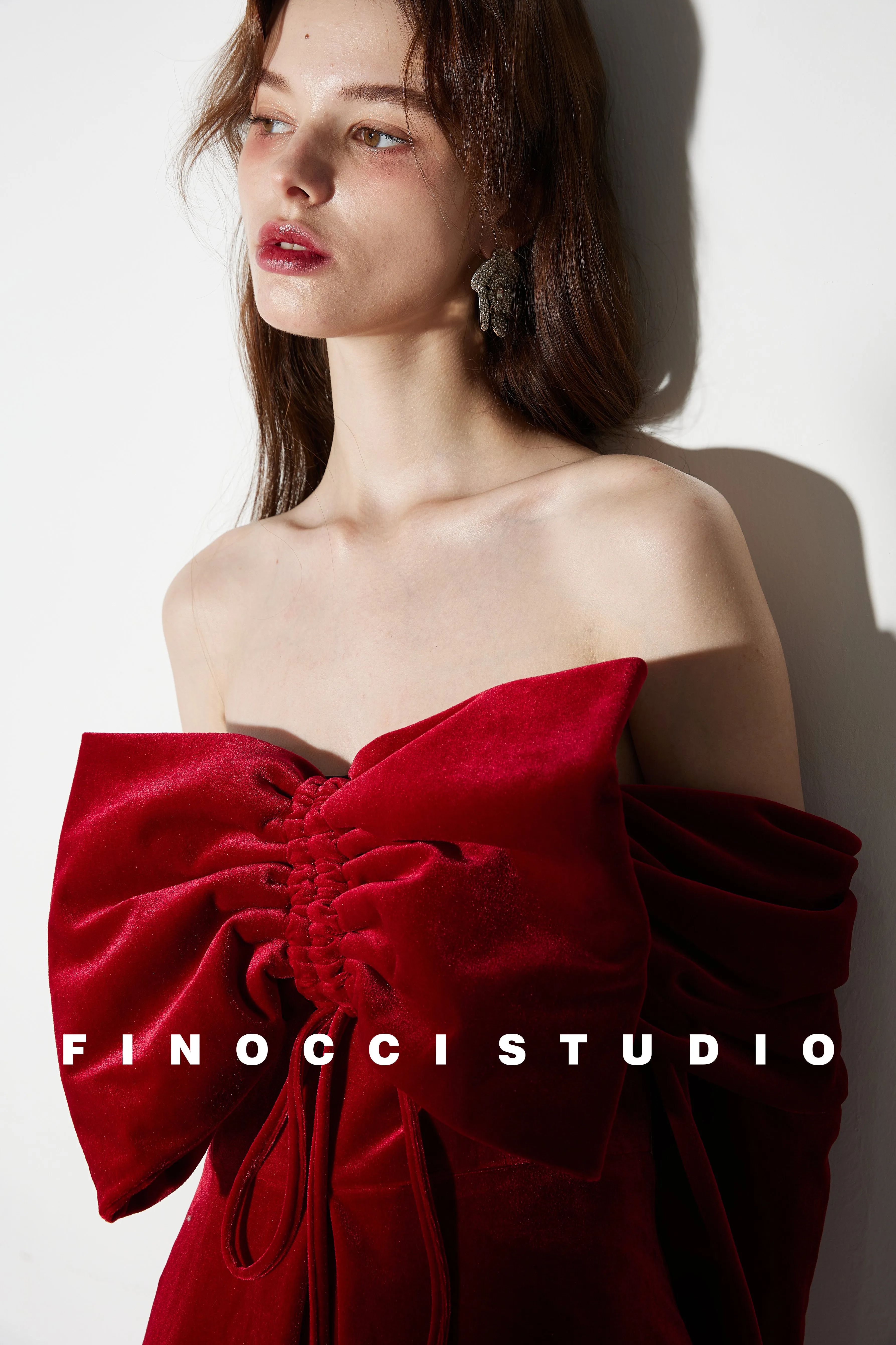 Red Velvet large Bow Off Shoulder Short holiday party Dress - Macy