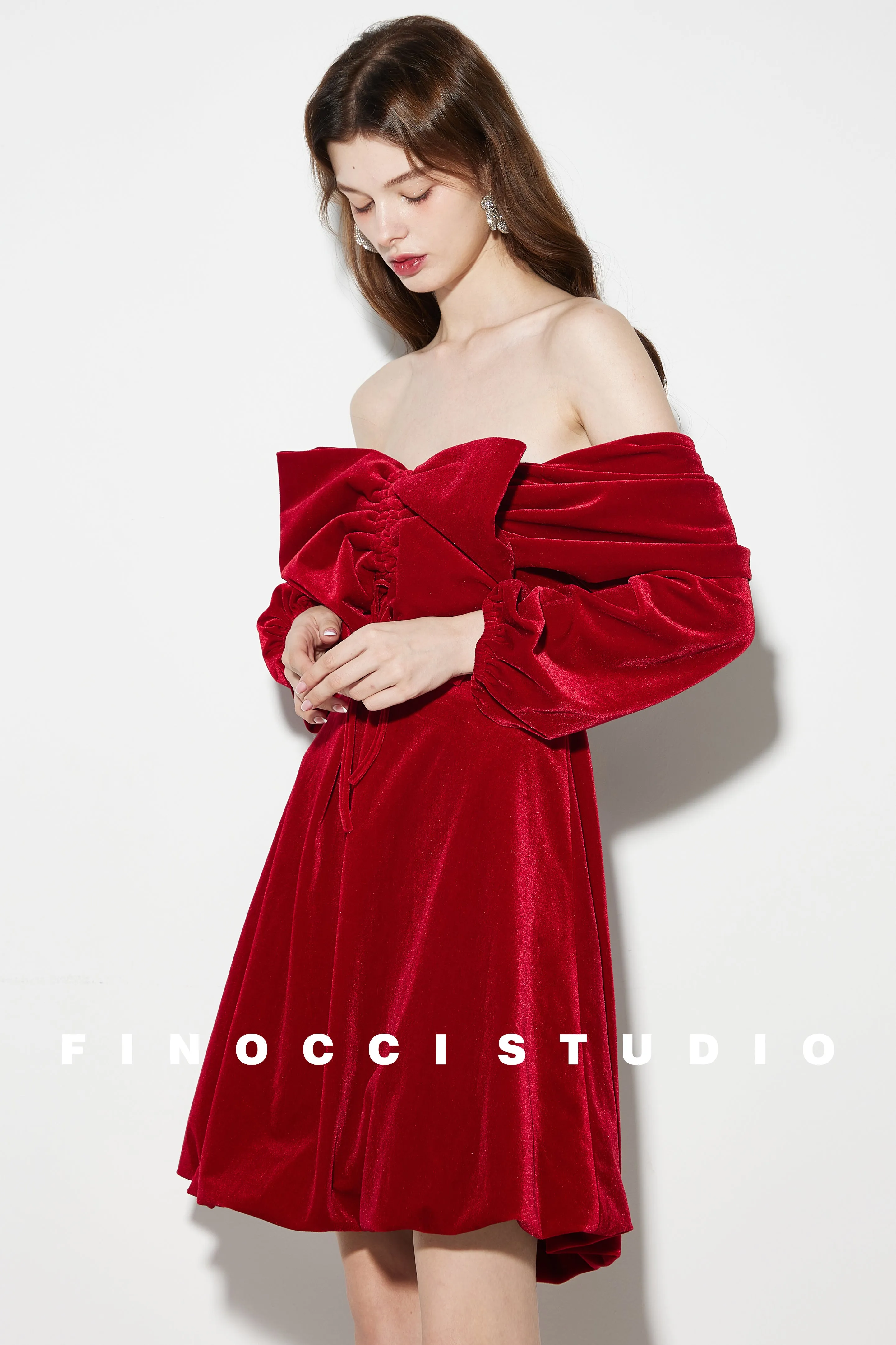 Red Velvet large Bow Off Shoulder Short holiday party Dress - Macy