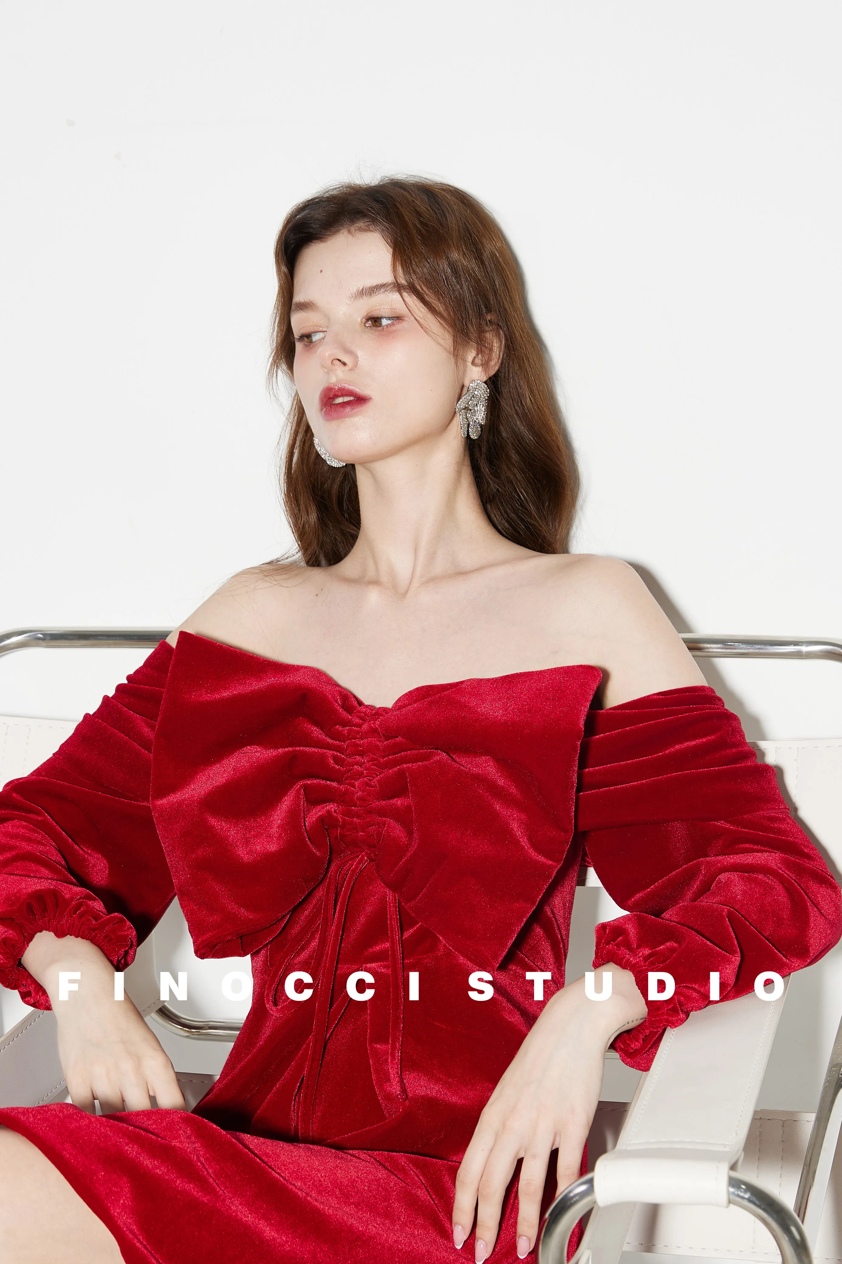 Red Velvet large Bow Off Shoulder Short holiday party Dress - Macy