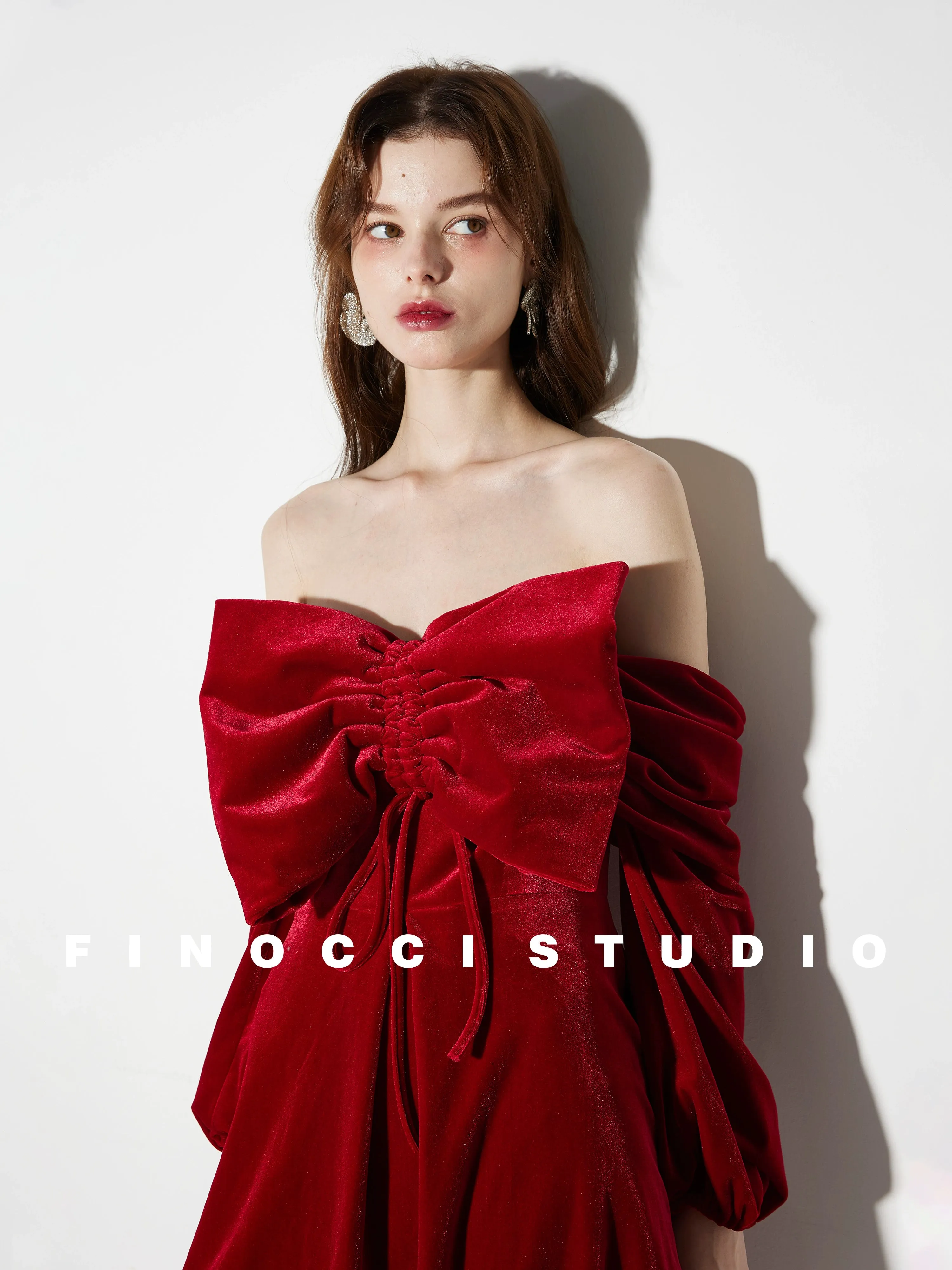 Red Velvet large Bow Off Shoulder Short holiday party Dress - Macy