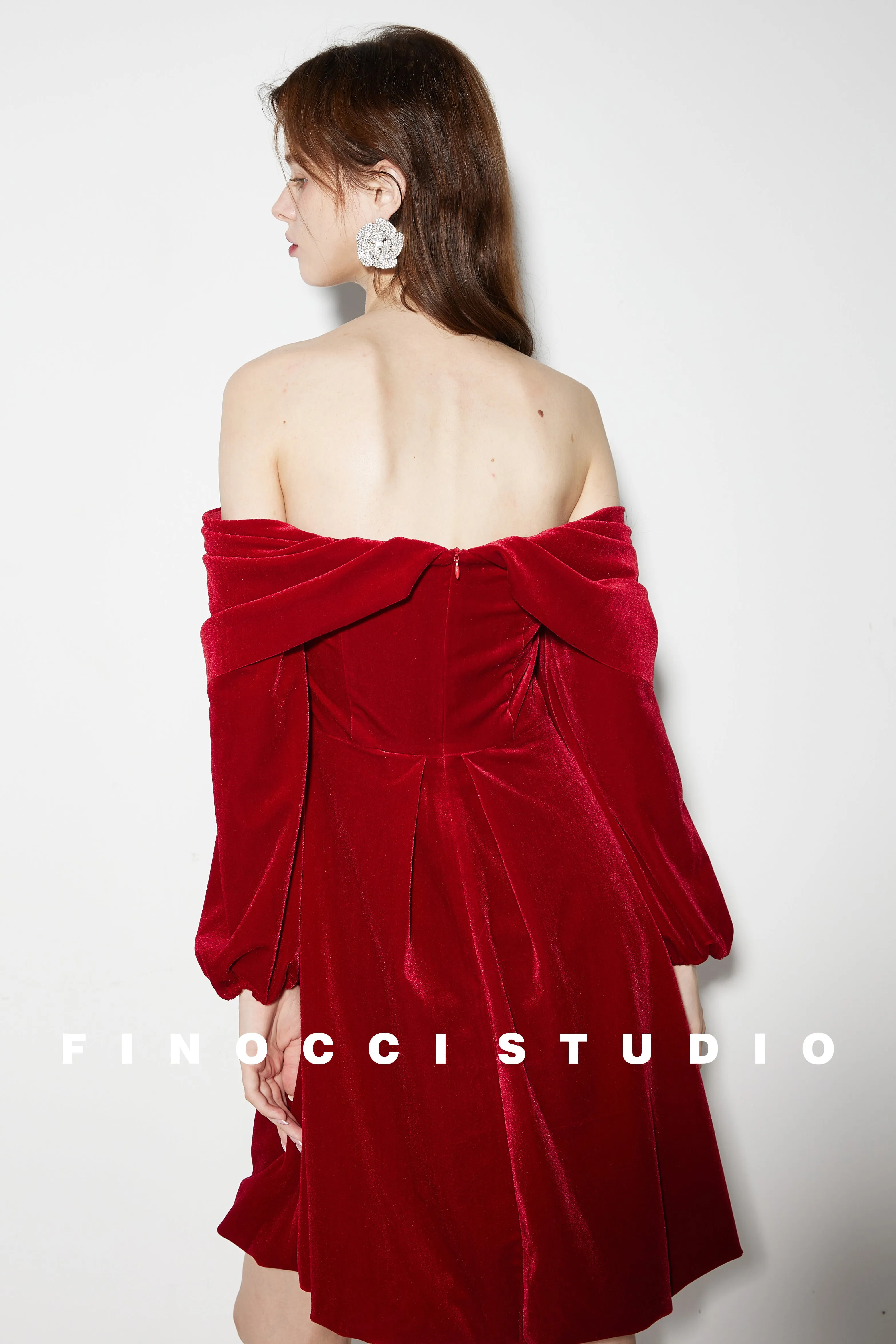 Red Velvet large Bow Off Shoulder Short holiday party Dress - Macy