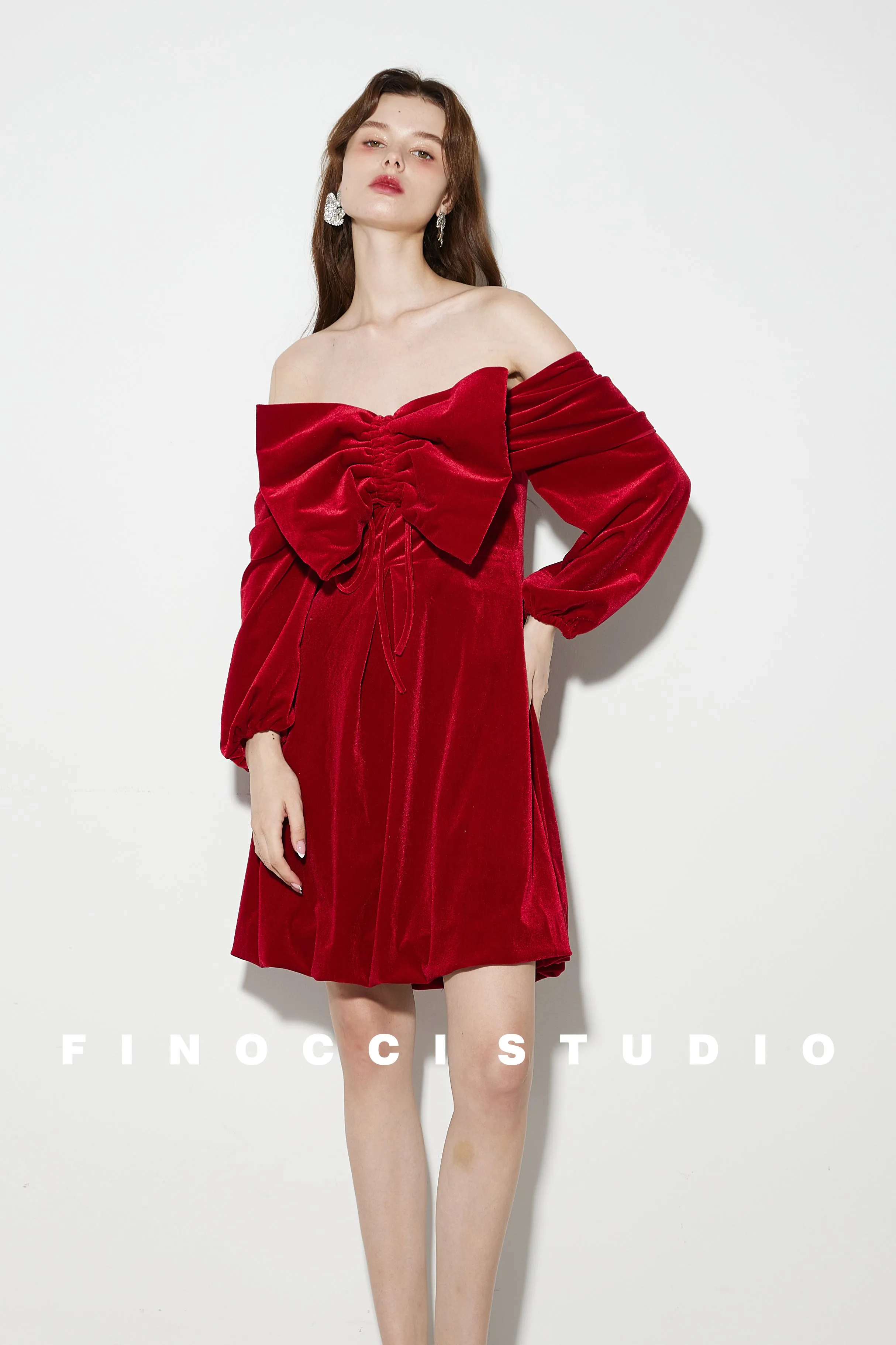 Red Velvet large Bow Off Shoulder Short holiday party Dress - Macy