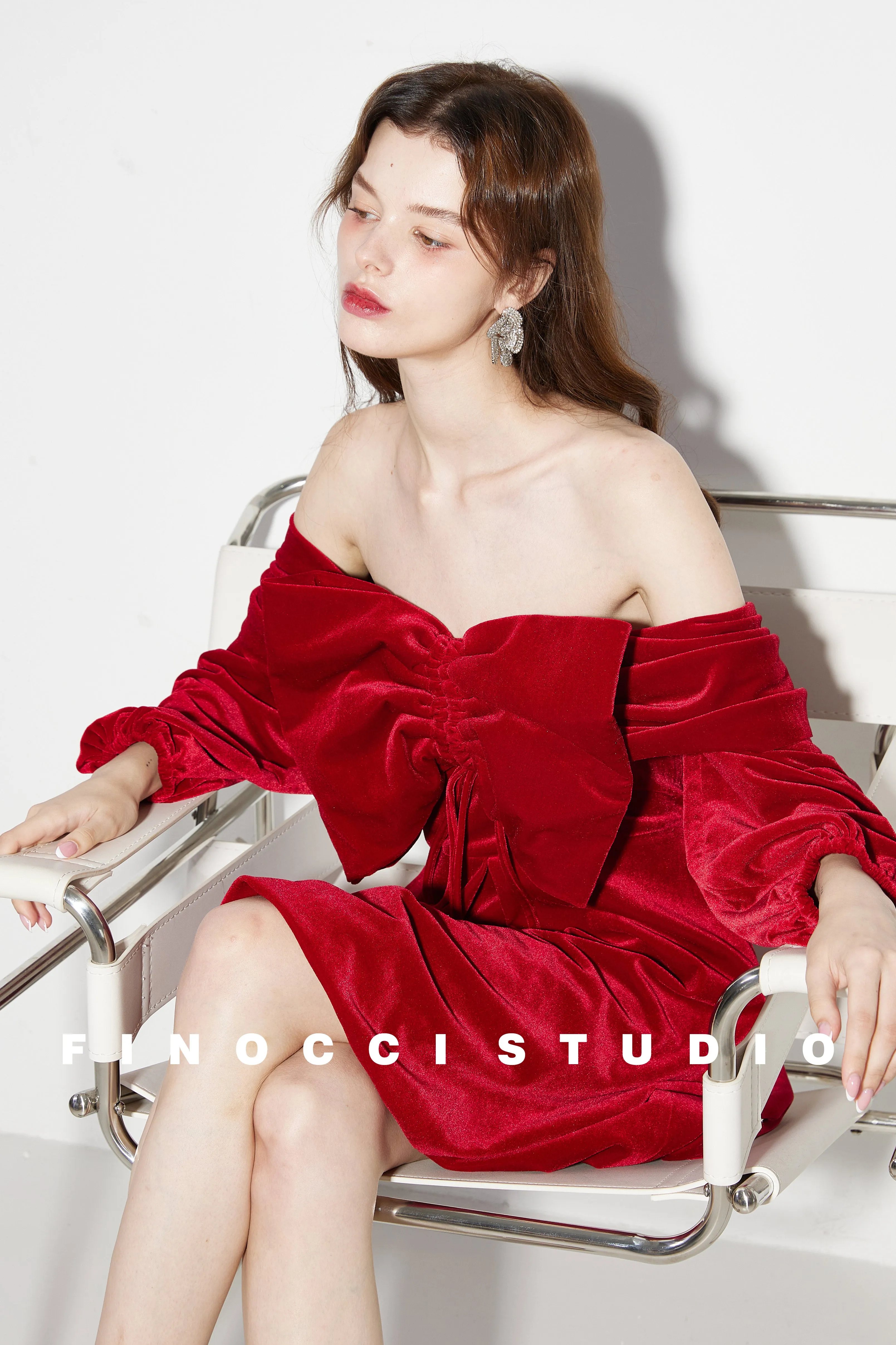 Red Velvet large Bow Off Shoulder Short holiday party Dress - Macy
