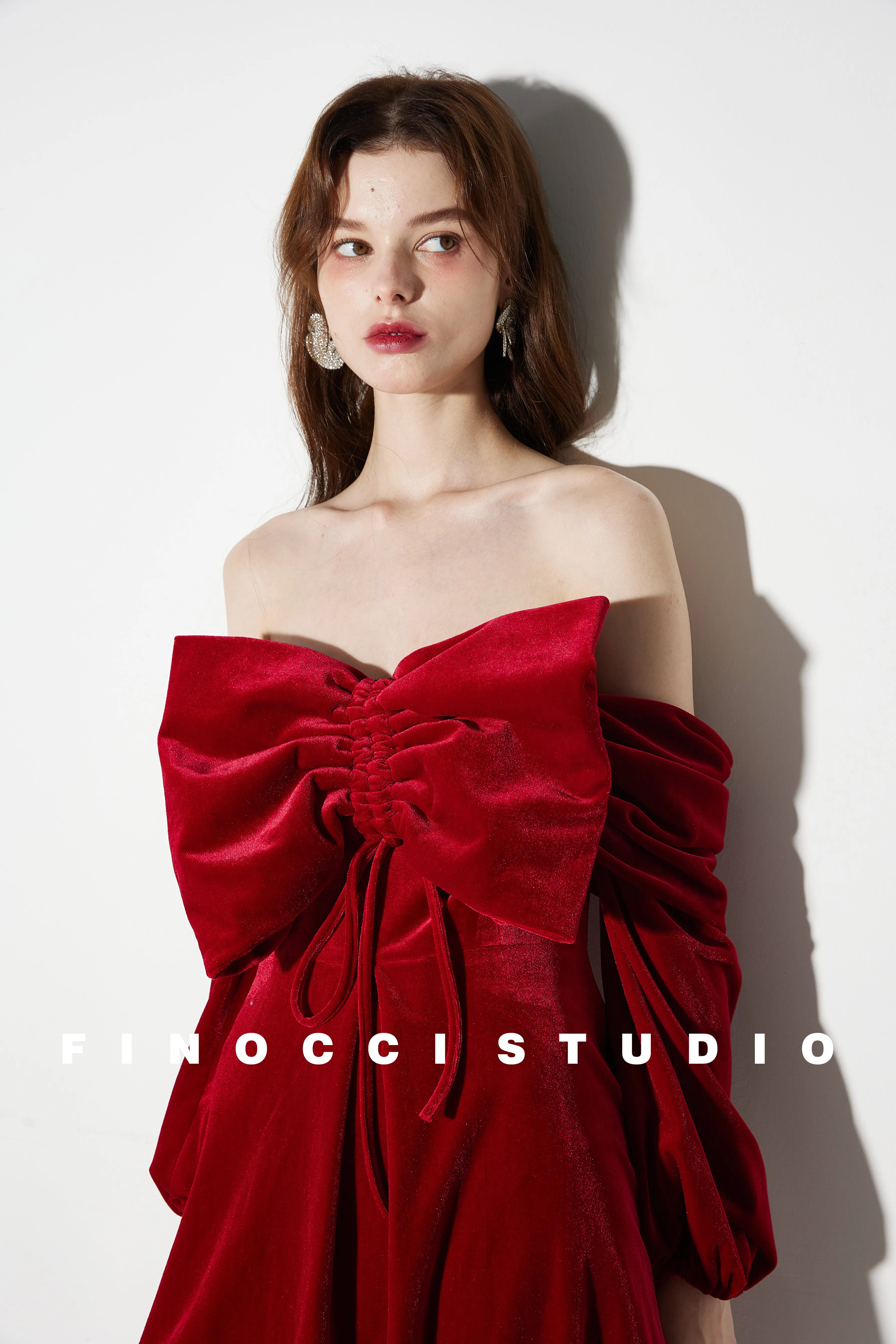 Red Velvet large Bow Off Shoulder Short holiday party Dress - Macy