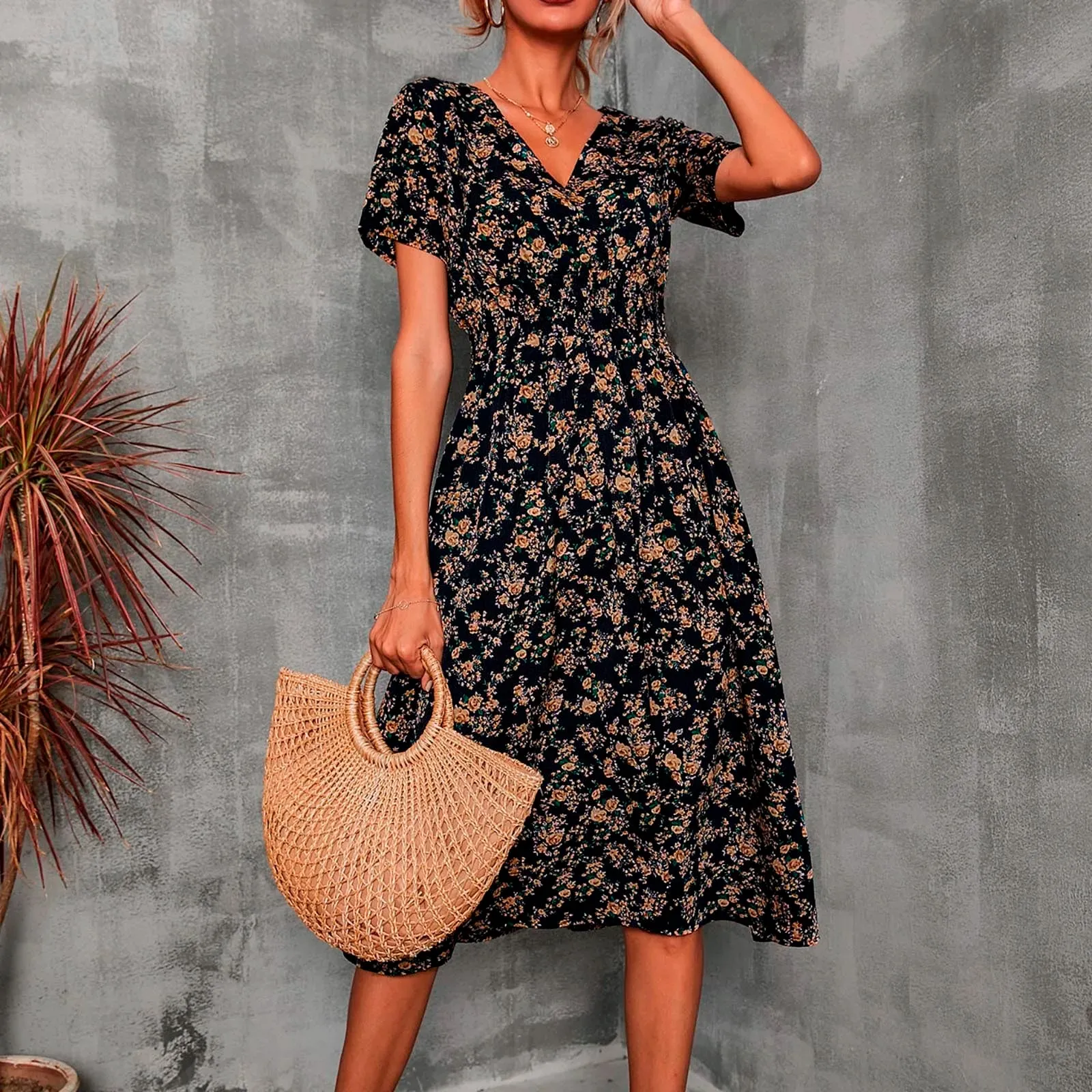 Sleeve Ruffle Floral Print Mini V Neck Boho Casual Beach A-line Casual Short Dress