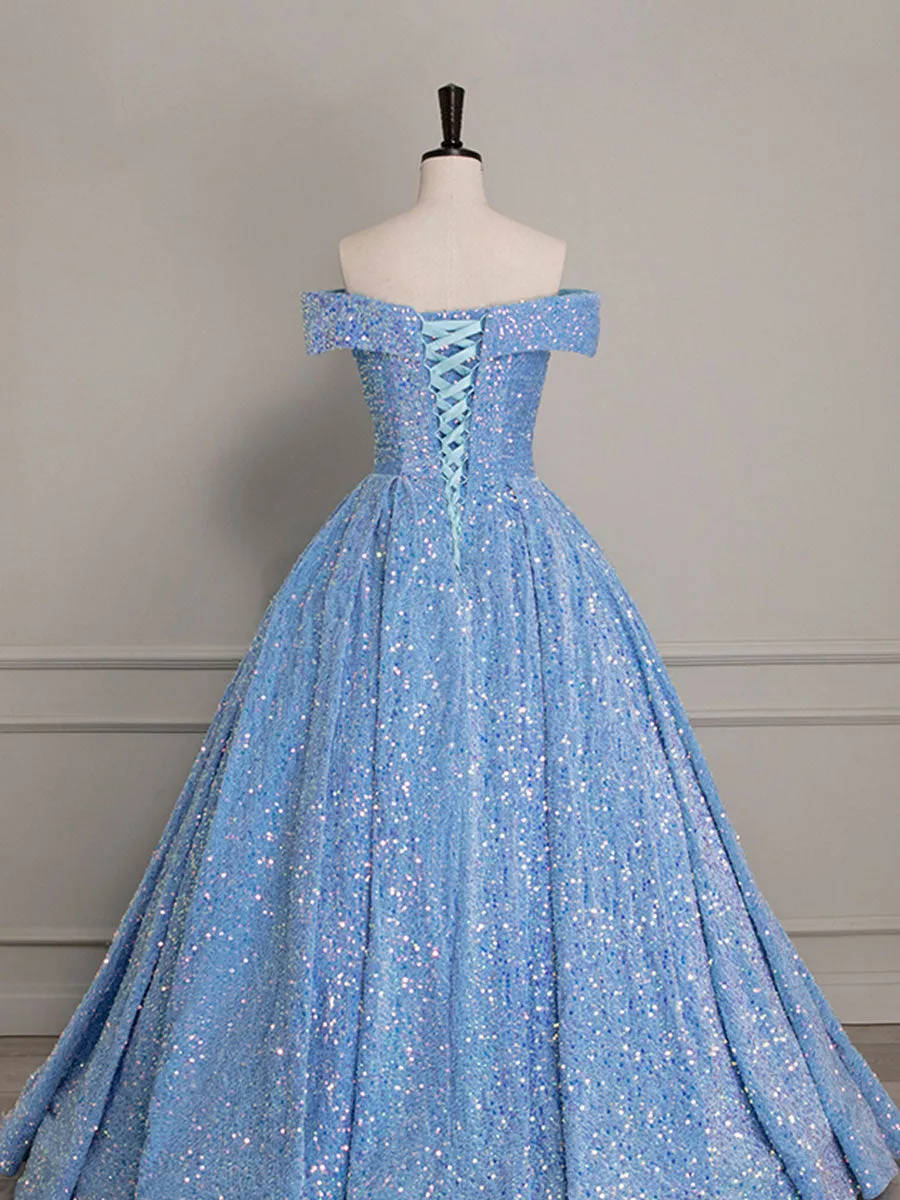 Sparkly Light Blue Off The Shoulder Sequins Ball Gown Prom Dress