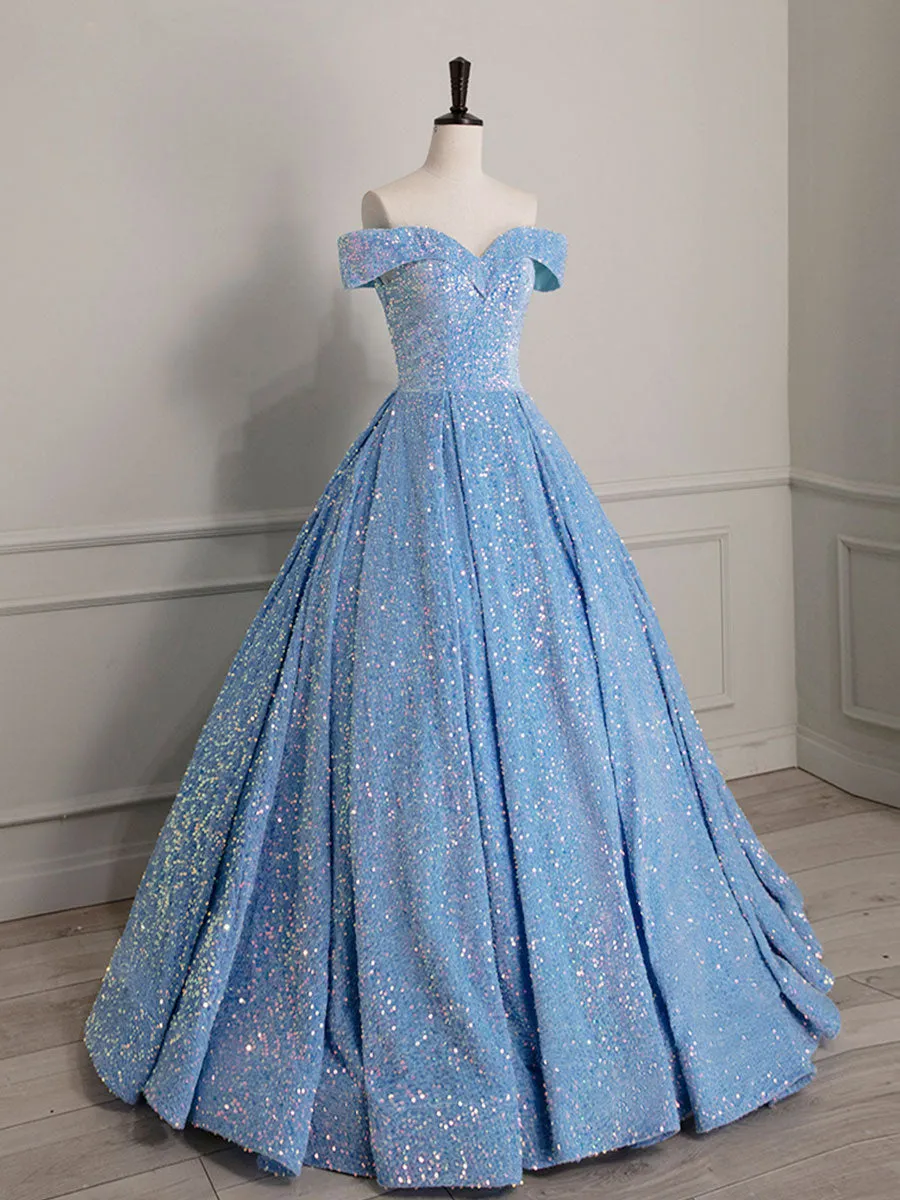 Sparkly Light Blue Off The Shoulder Sequins Ball Gown Prom Dress