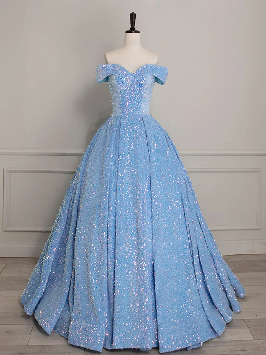 Sparkly Light Blue Off The Shoulder Sequins Ball Gown Prom Dress