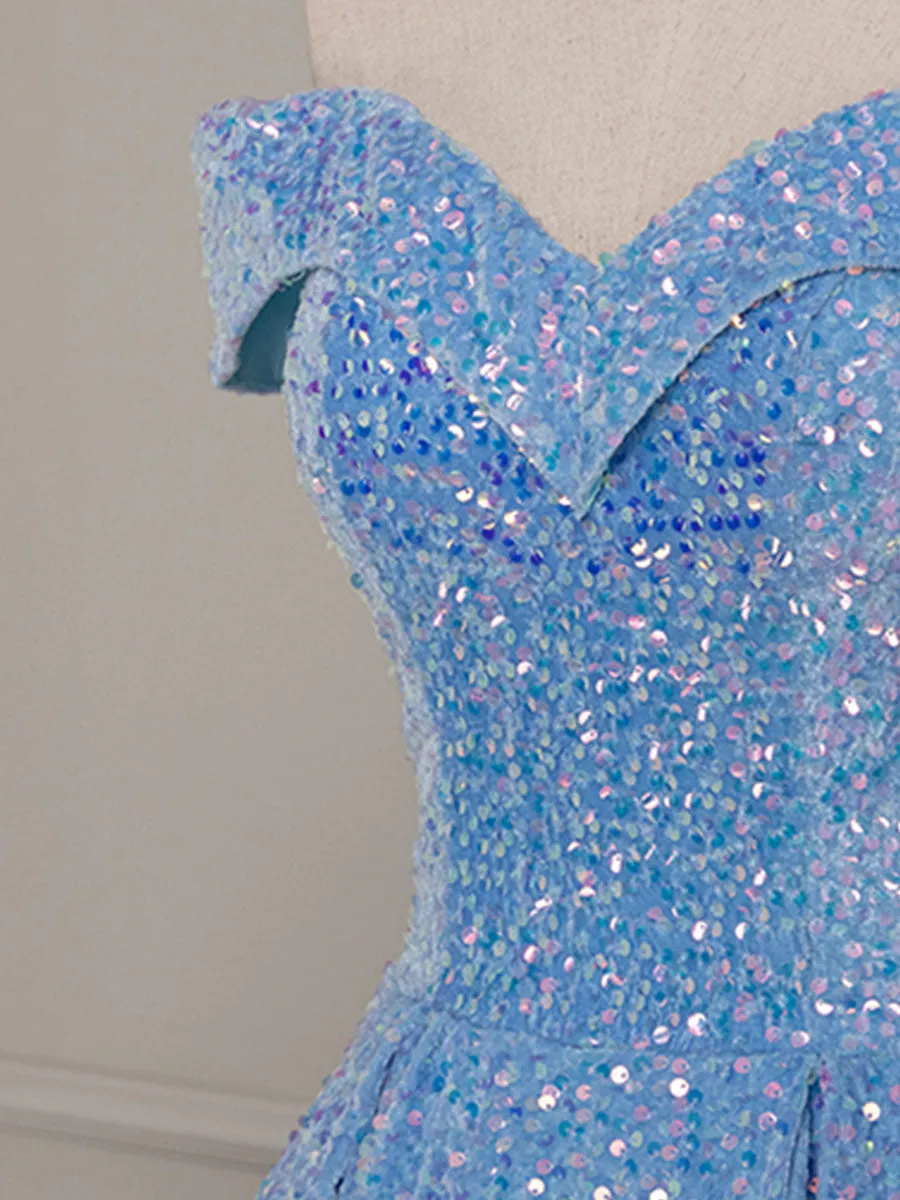 Sparkly Light Blue Off The Shoulder Sequins Ball Gown Prom Dress