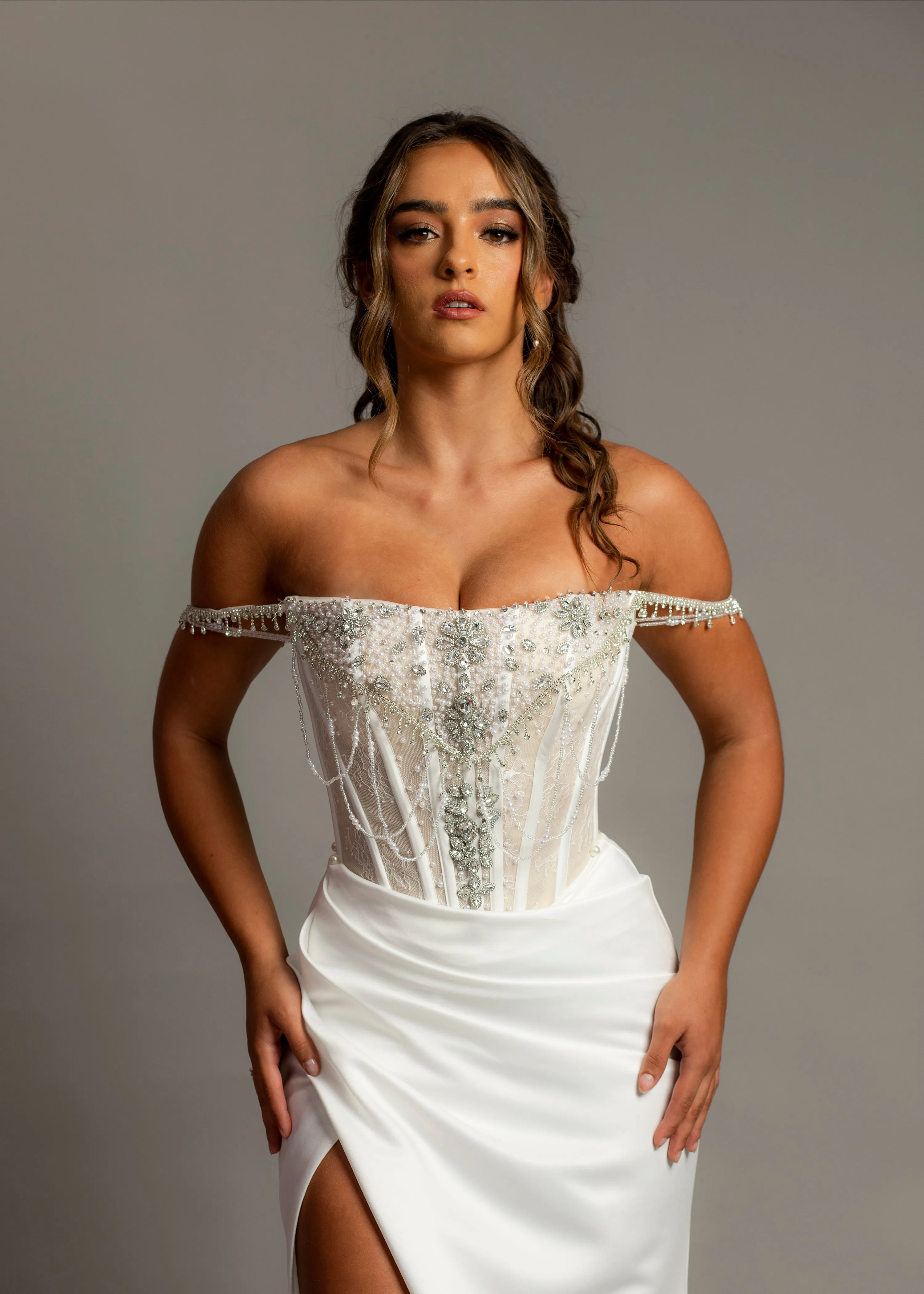 Straight neck mermaid dress with high slit and detachable train