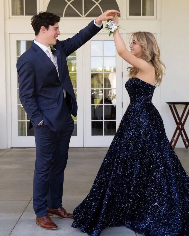 Strapless A Line Navy Blue Sequin Long Prom Dress  J5528