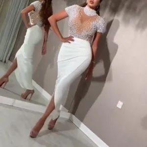 Transparent Tulle with Bead Tops Patchwork Slit Party Dress