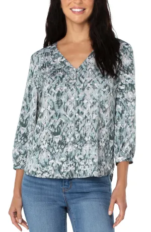 V Neck 3/4 Sleeve Puff Sleeve Button Up Shirt
