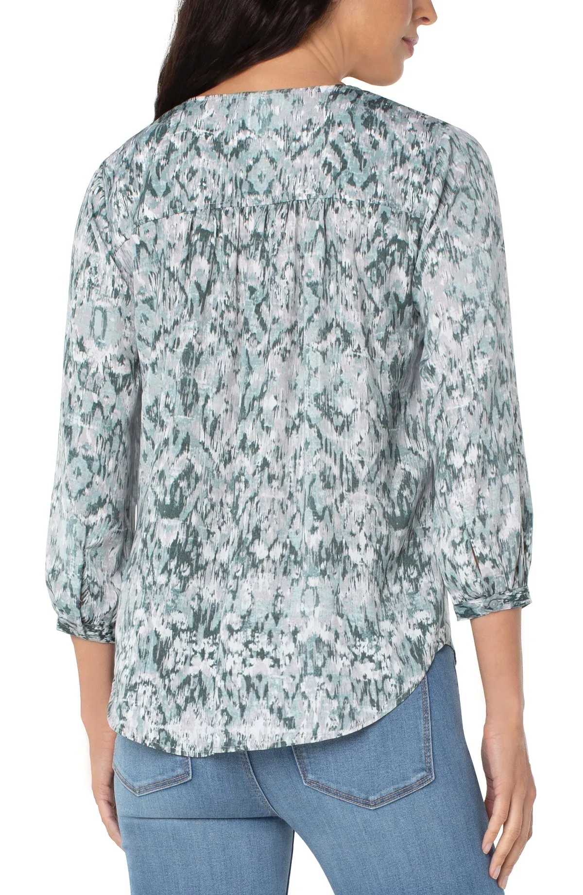 V Neck 3/4 Sleeve Puff Sleeve Button Up Shirt