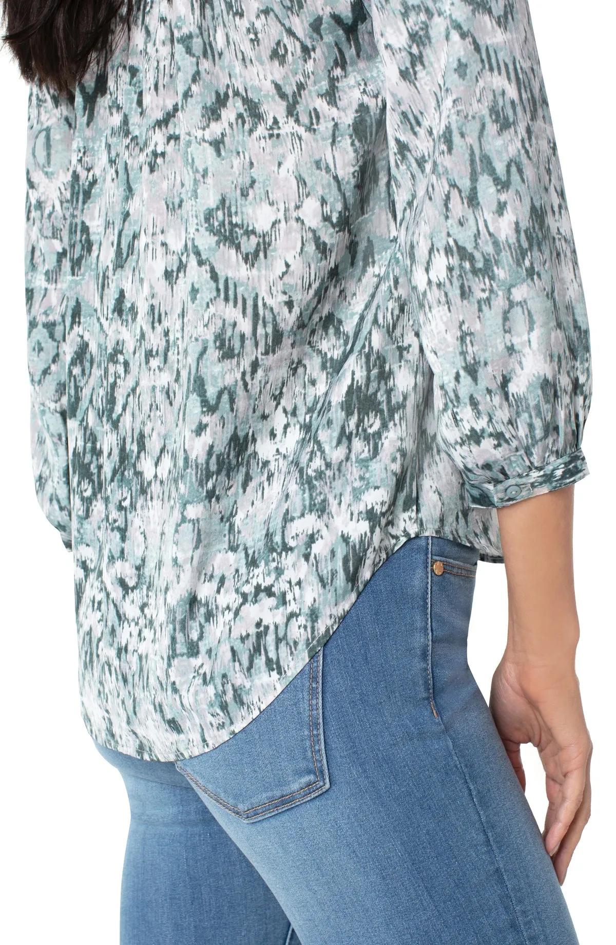 V Neck 3/4 Sleeve Puff Sleeve Button Up Shirt