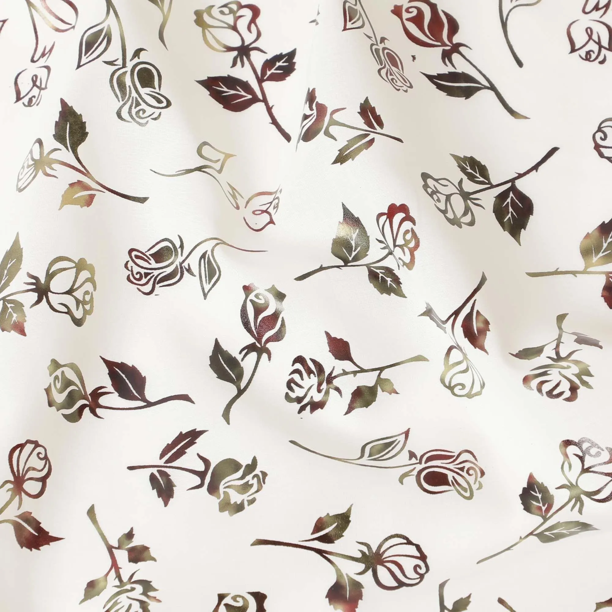 White cotton voile fabric with black and olive green metallic foil print in floral design-D6747