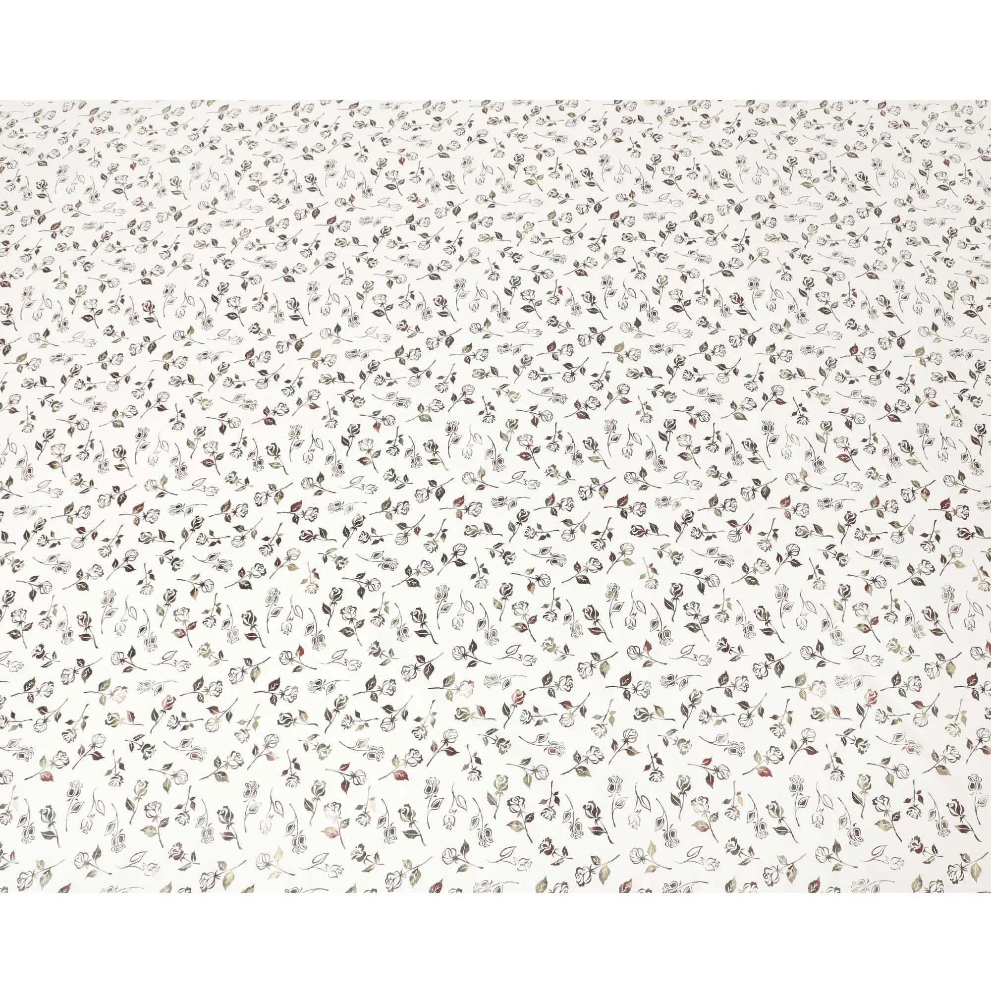 White cotton voile fabric with black and olive green metallic foil print in floral design-D6747
