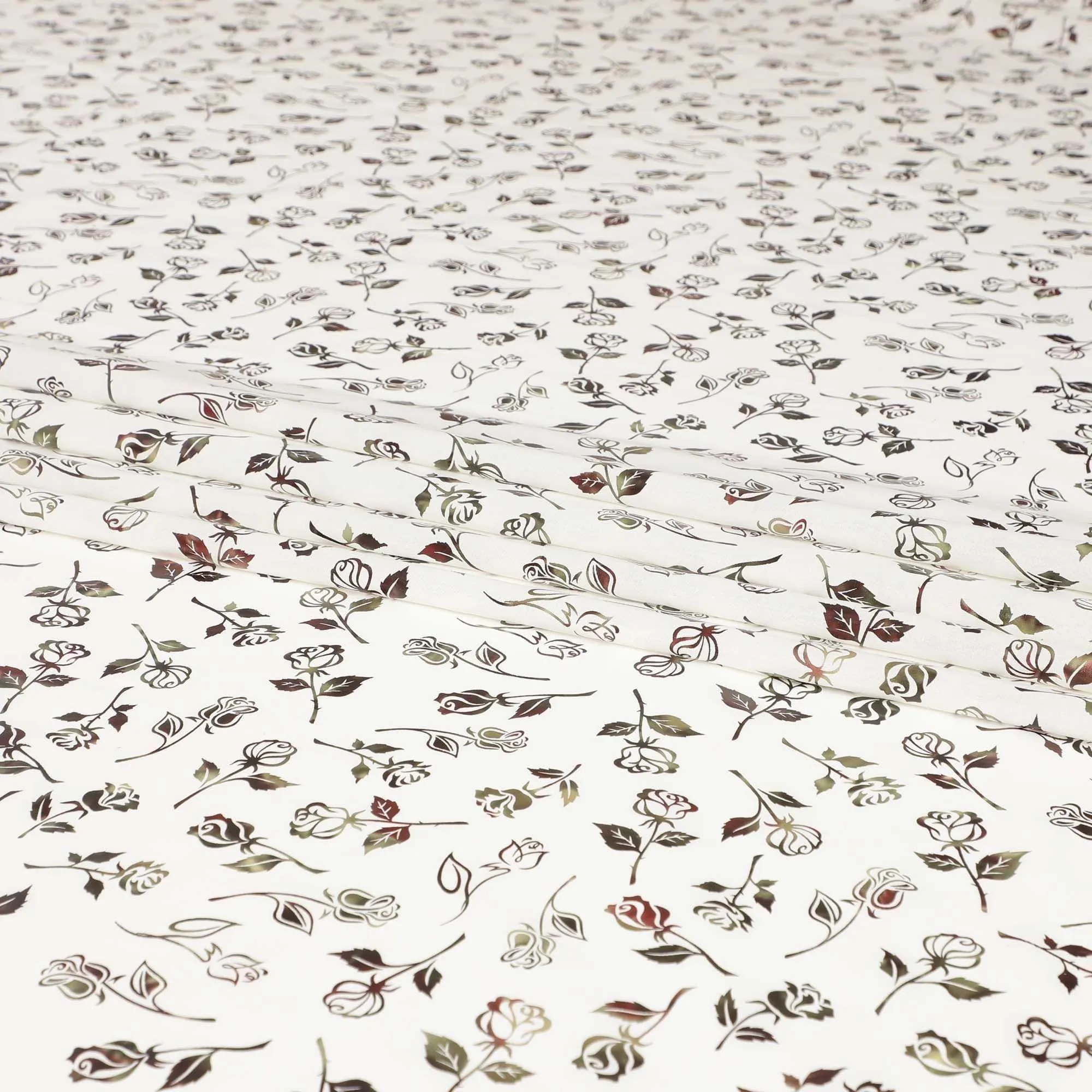White cotton voile fabric with black and olive green metallic foil print in floral design-D6747