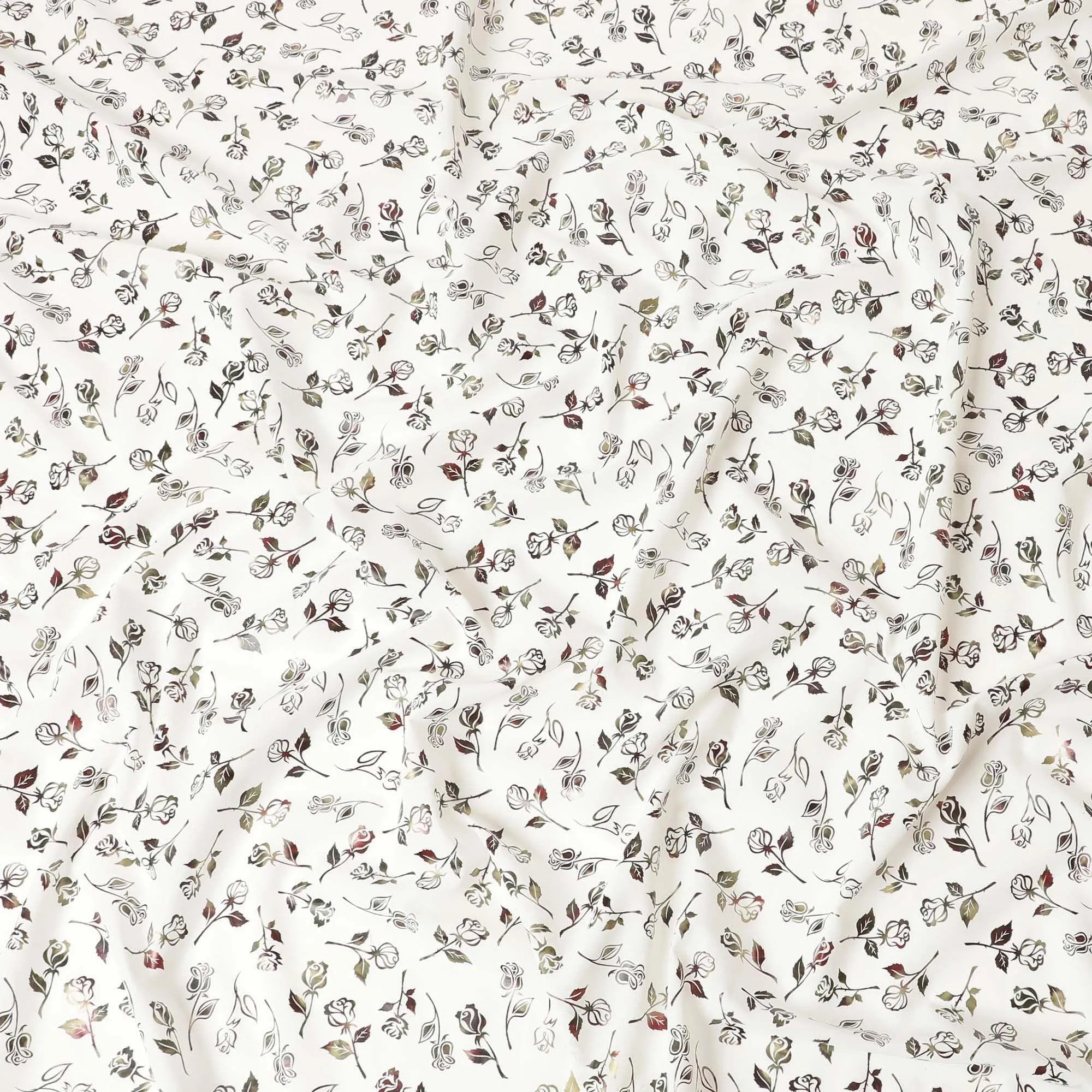 White cotton voile fabric with black and olive green metallic foil print in floral design-D6747