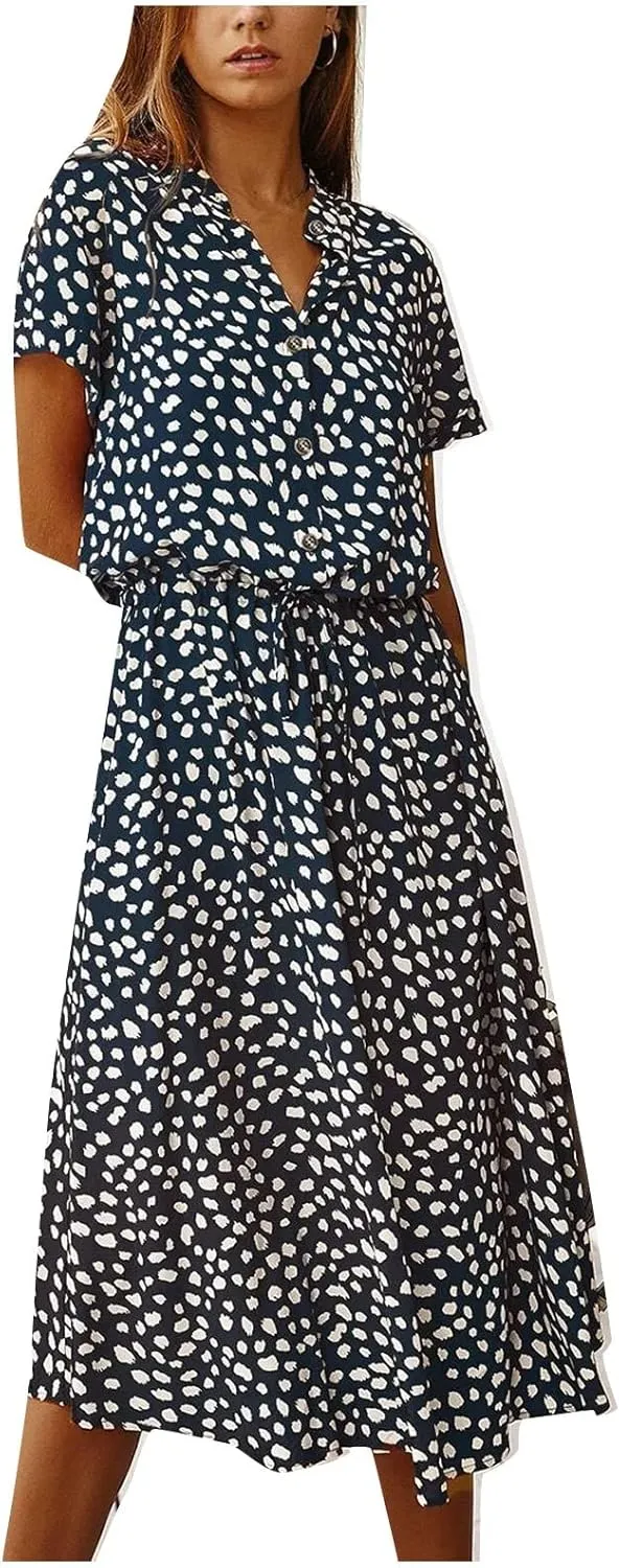 Women's Spring Dresses Summer Casual Loose Floral Print Dress 2024 V-Neck Short Sleeve Boho Maxi Dresses, S-3XL