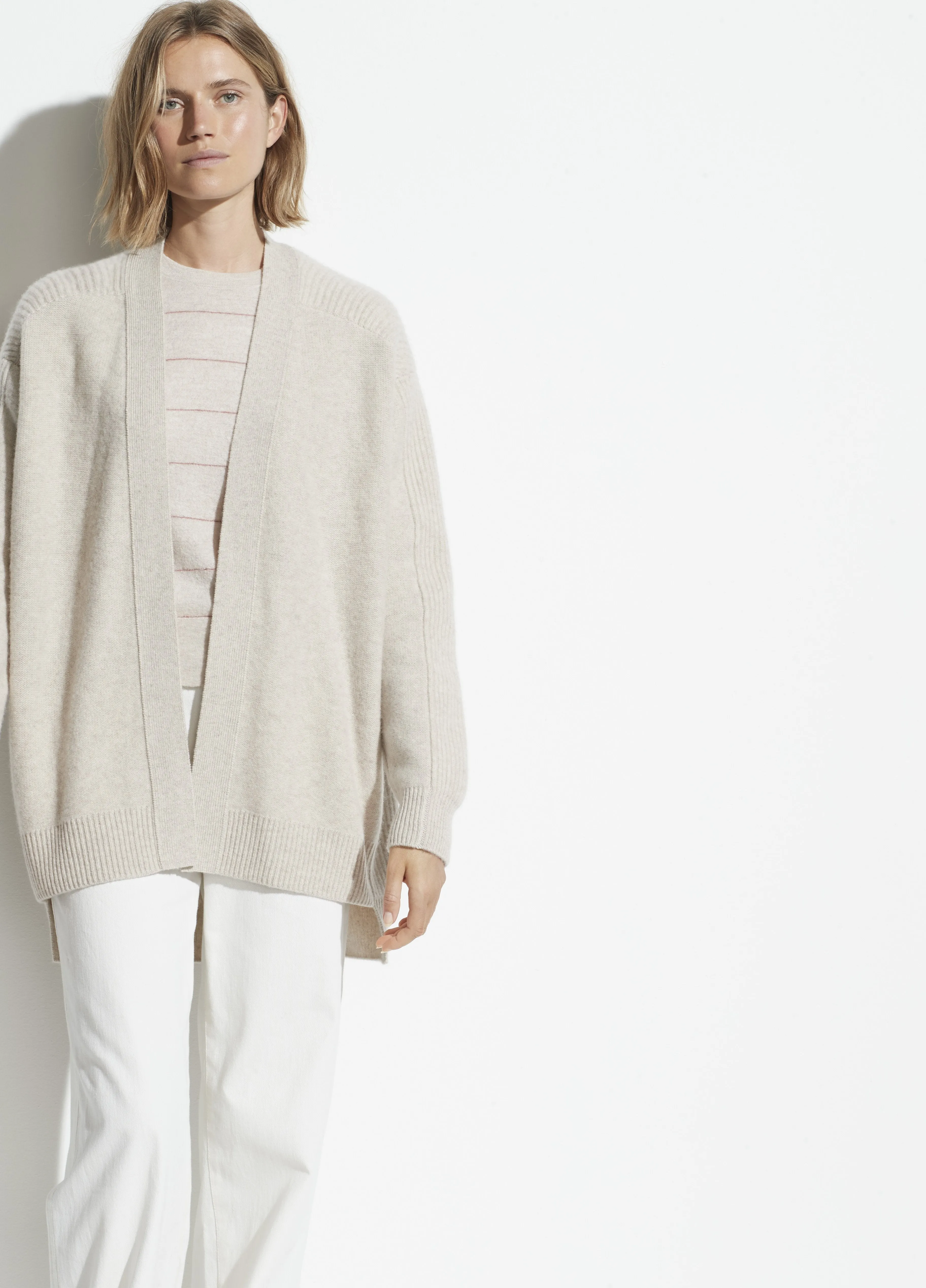 Wool Cashmere Ribbed Back Cardigan in Heather Dove Oat