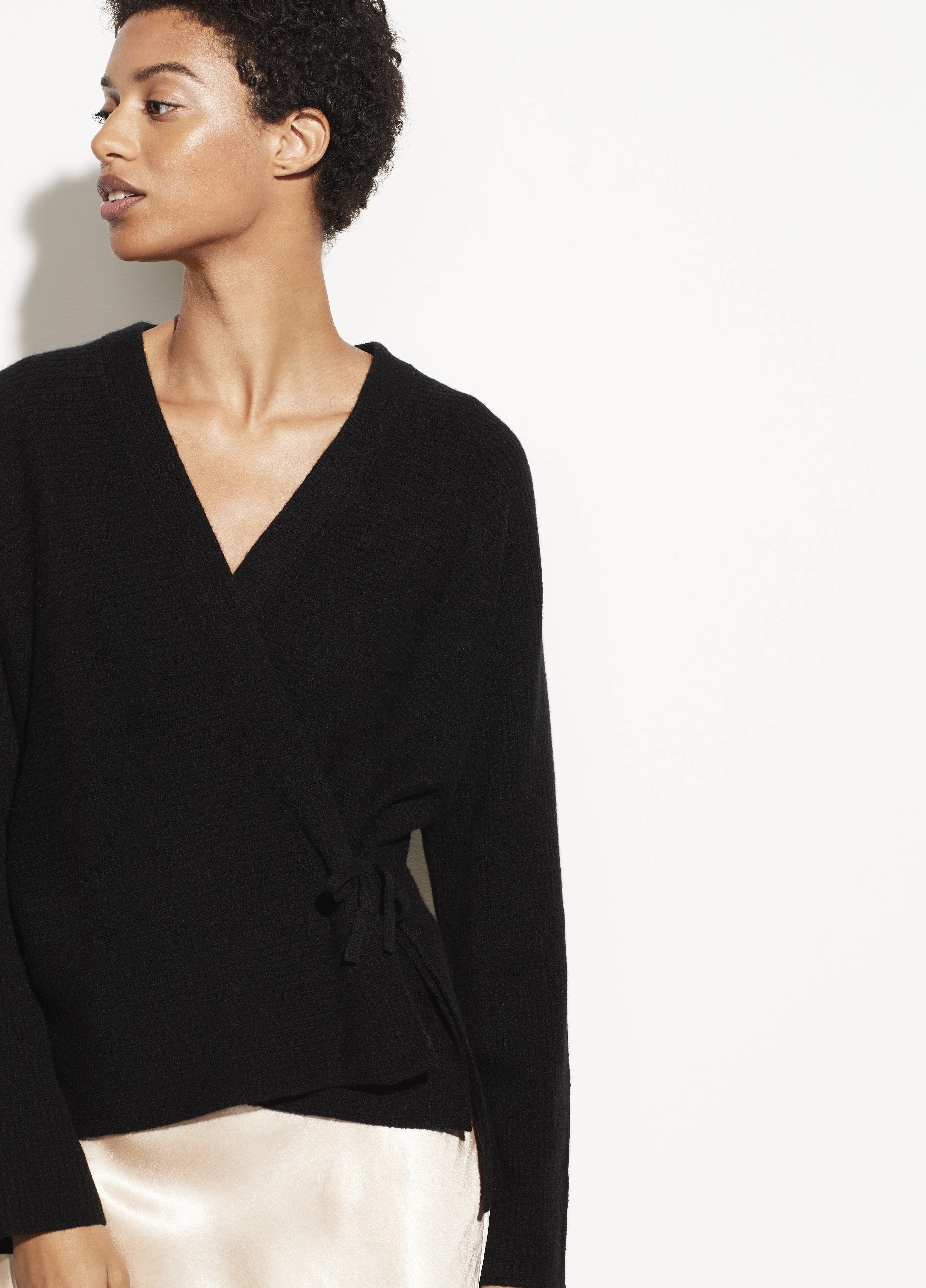 Wool Cashmere Wrap Cardigan in Black