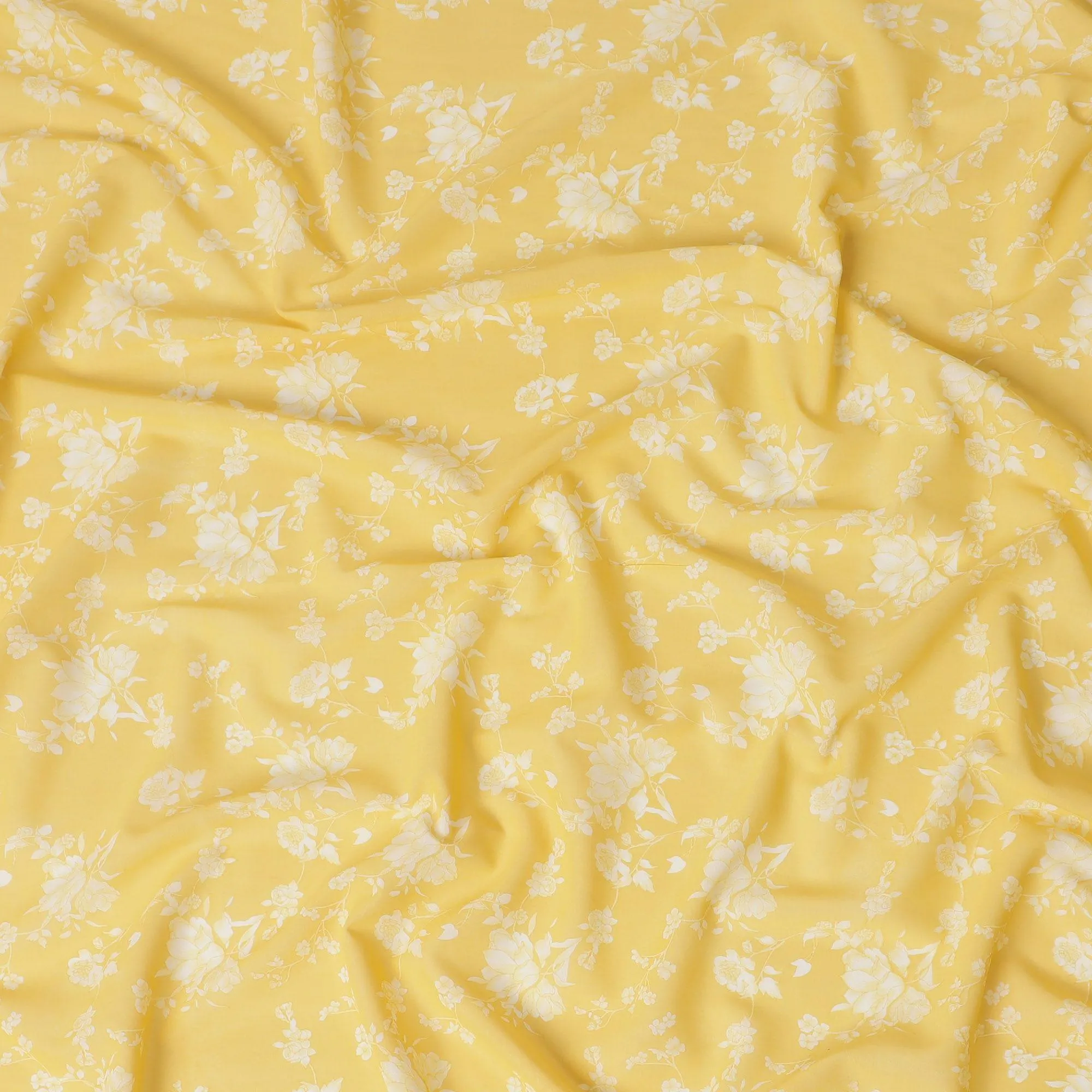 Yellow cotton voile fabric with off white print in floral design-D16412