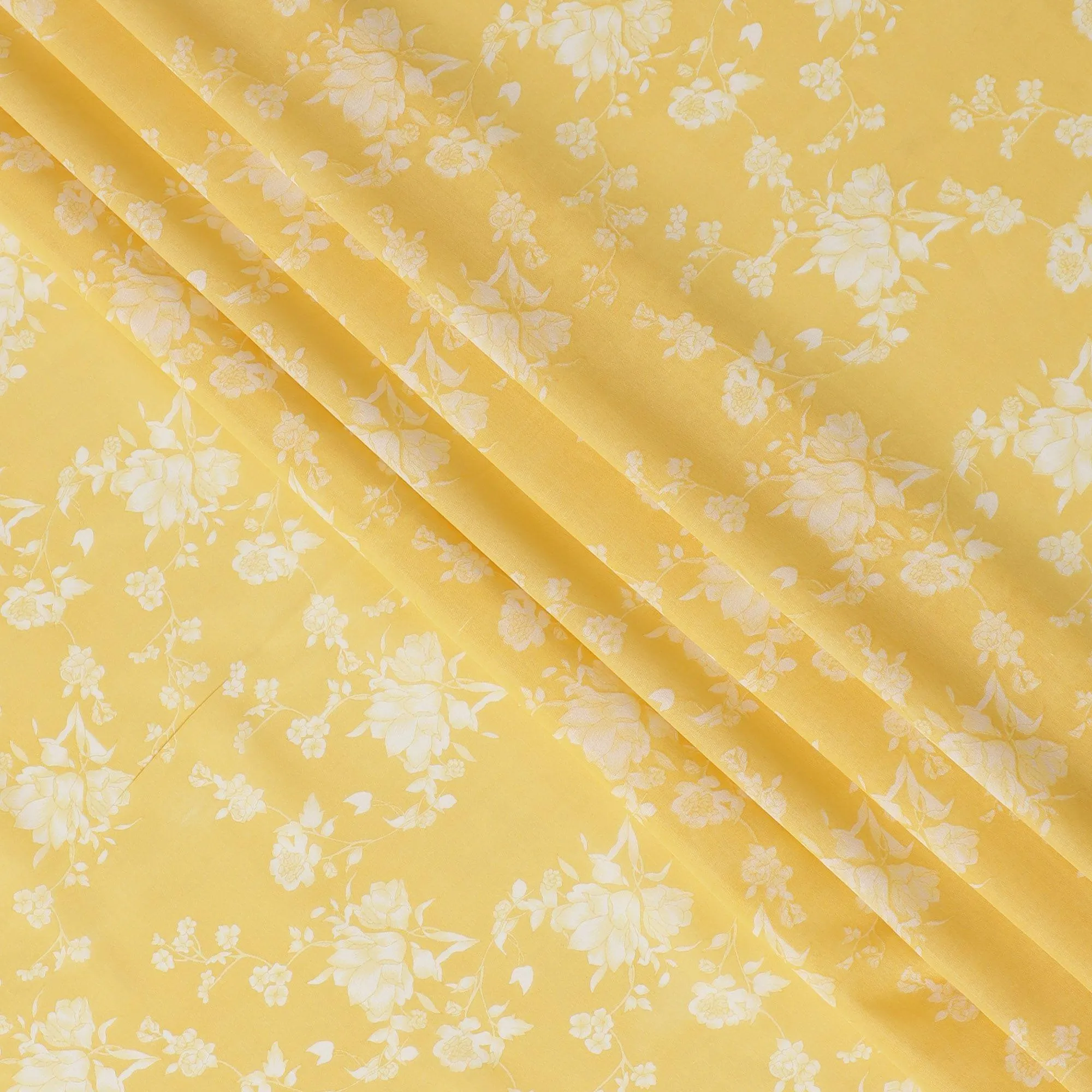 Yellow cotton voile fabric with off white print in floral design-D16412